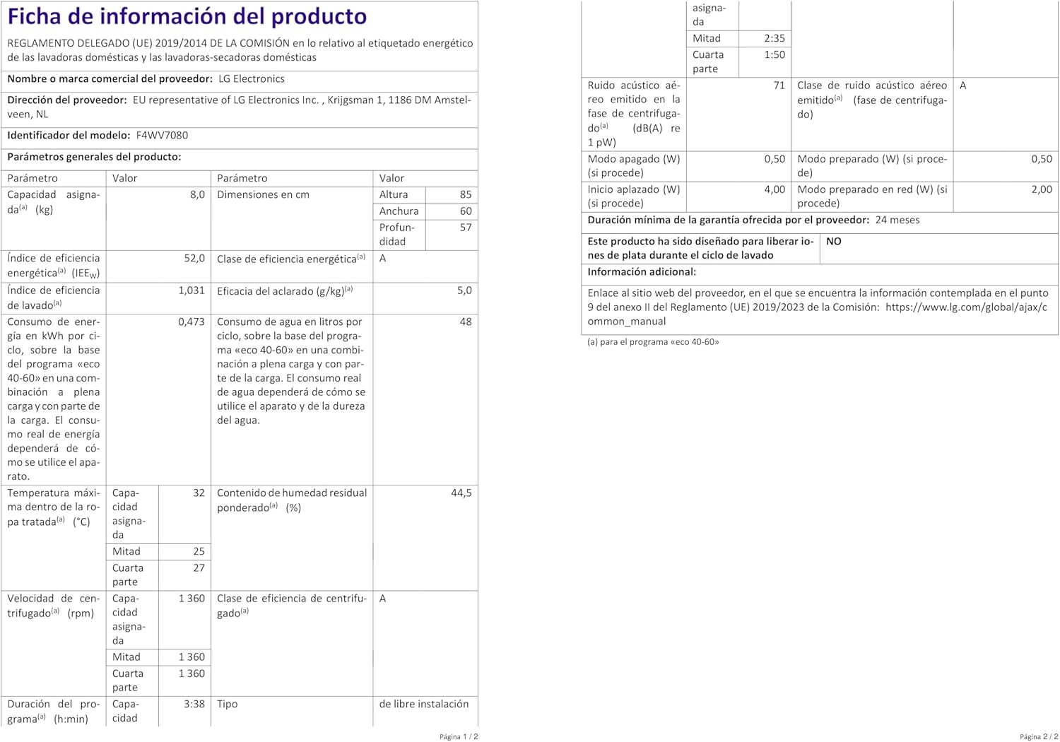 LG F4WV7080, Klasse A, Frontlader-Waschmaschine 8 kg, 1400 U/Min, AI Direct Drive, Wi-Fi, Tiefenreinigung mit Dampf, Große Kapazität, TRIPLE A, Außentür aus Sicherheitsglas, 62 x 60 x 85 cm ꟷ Weiß