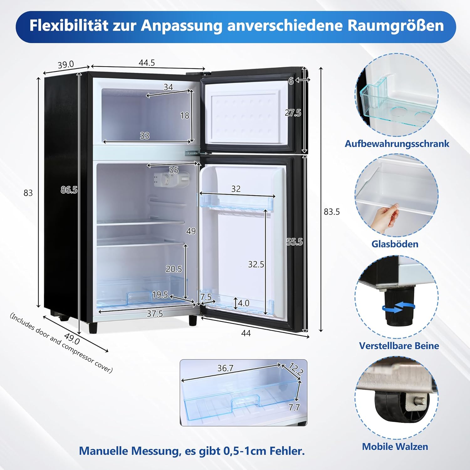 Merax Kühlschrank mit Gefrierfach, Kühl-Gefrierkombination, klein Kühlschrank mit 51L und Gefrierschrank 21L, Leise, LED, Glasablagen, Gemüsefach, Türablagen, für Küche, Wohnzimmer, Büro, Schwarz