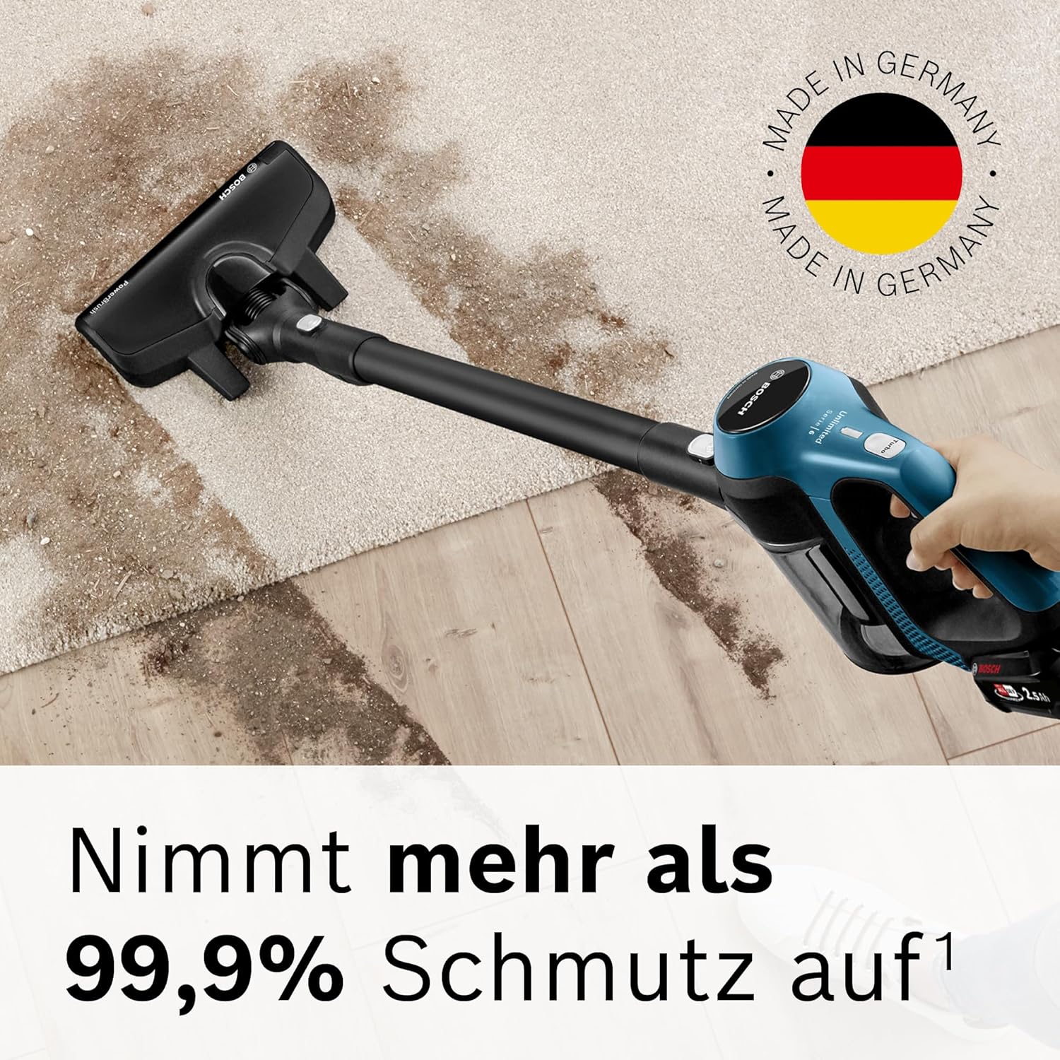 Bosch Akku-Staubsauger Unlimited Serie 6 BKS6111P, kabelloser Handstaubsauger, beutellos, leicht, Hygiene-Filter, hohe Saugleistung, Lange Laufzeit, Fugendüse, alle Bodenarten, blau