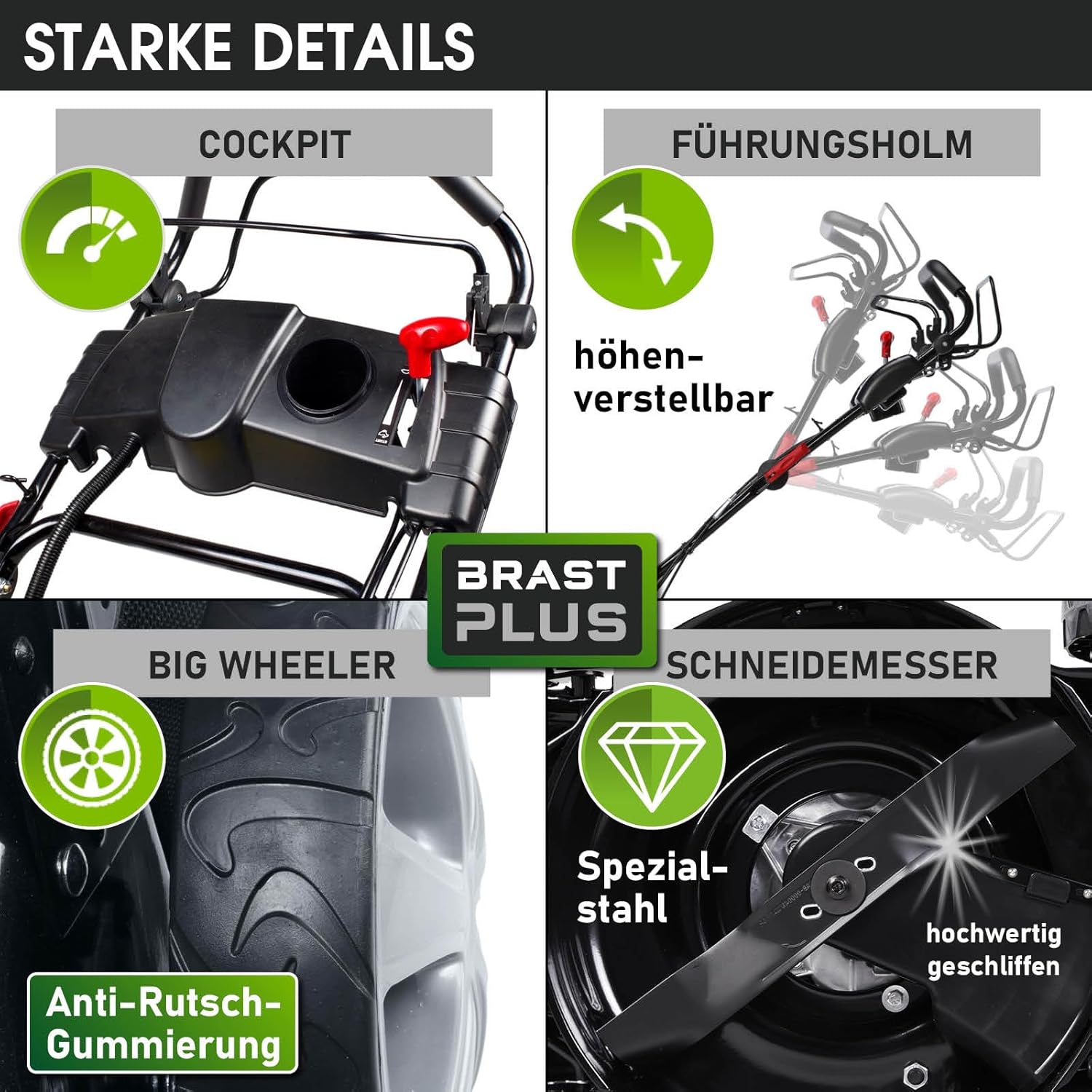 BRAST Benzin Rasenmäher mit Antrieb | 5,2kW (7PS) | 55cm Schnittbreite | viele Modelle | TÜV | 30-80mm Schnitthöhe | 60L Fangkorb | 4 Takt OHV Motor | Stahlgehäuse | Power