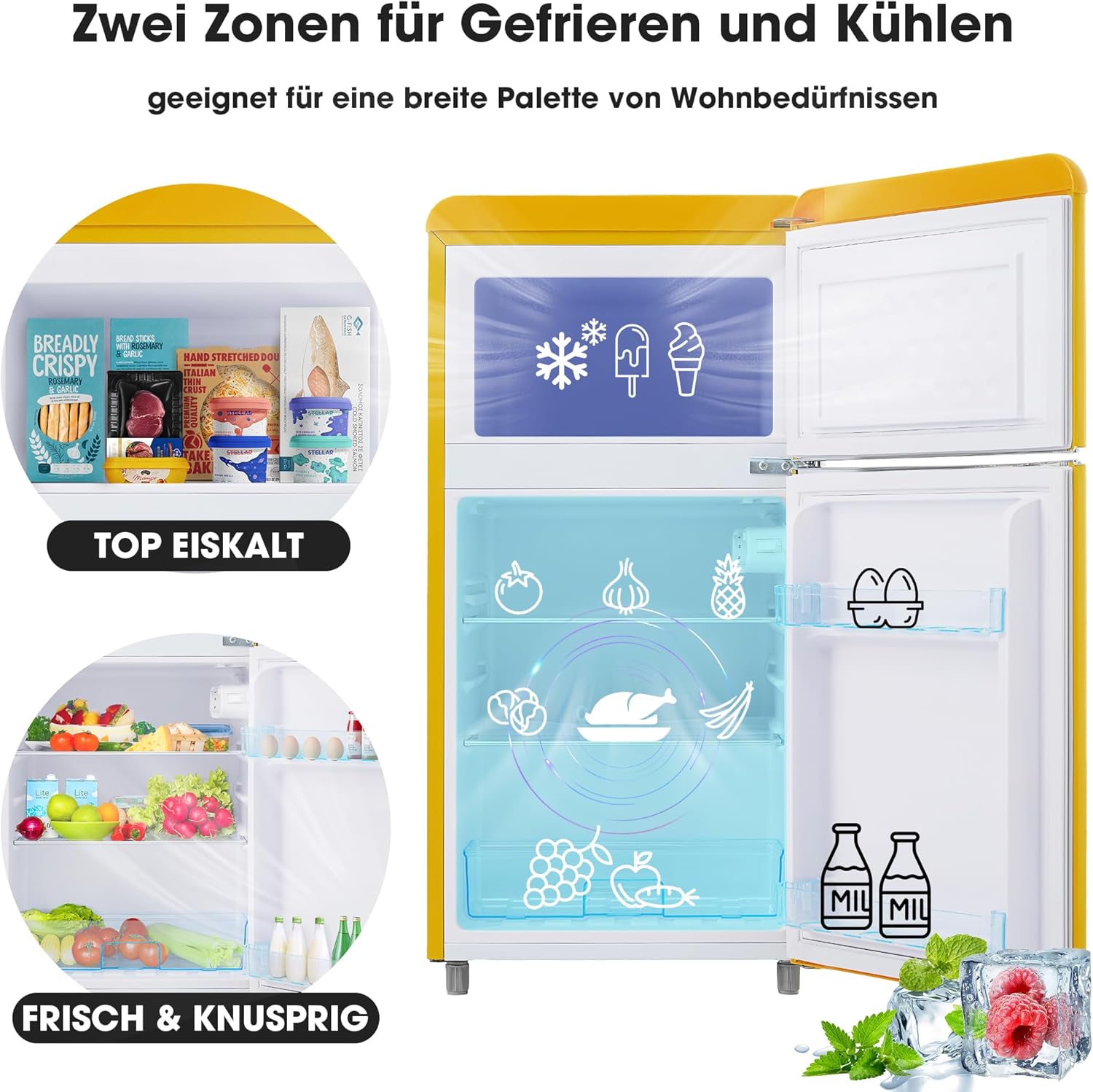 Merax Kühlschrank mit Gefrierfach, Kühl-Gefrierkombination, klein Kühlschrank mit 51L und Gefrierschrank 21L, Leise, LED, Glasablagen, Gemüsefach, Türablagen, für Küche, Wohnzimmer, Büro, Schwarz