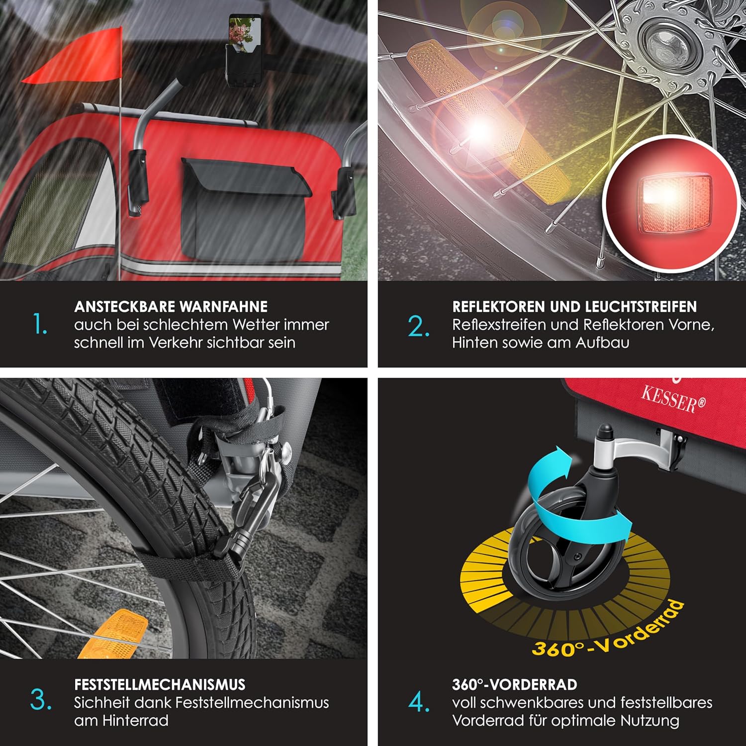KESSER Kinderfahrradanhänger Sport-RX 2in1 Jogger & Buggy 5-Punkt-Gurt Sicherheitsgurt 360° Vorderrad Kinderfahrradanhänger Reflektoren für 1-2 Kinder (max. 40 kg) Getränkehalter & Smartphonefach