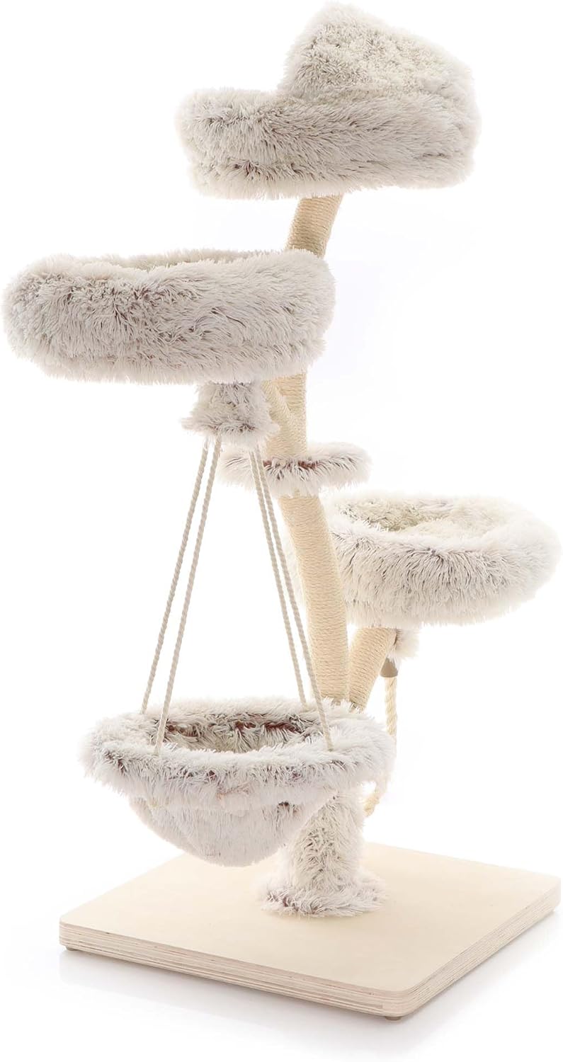 Fudajo Designer Kratzbaum in Zweigdesign 130 cm hoch, Katzenkratzbaum mit Plüsch und Sisal, Kletterbaum für Katzen, Katzenbaum mit Hängeliege
