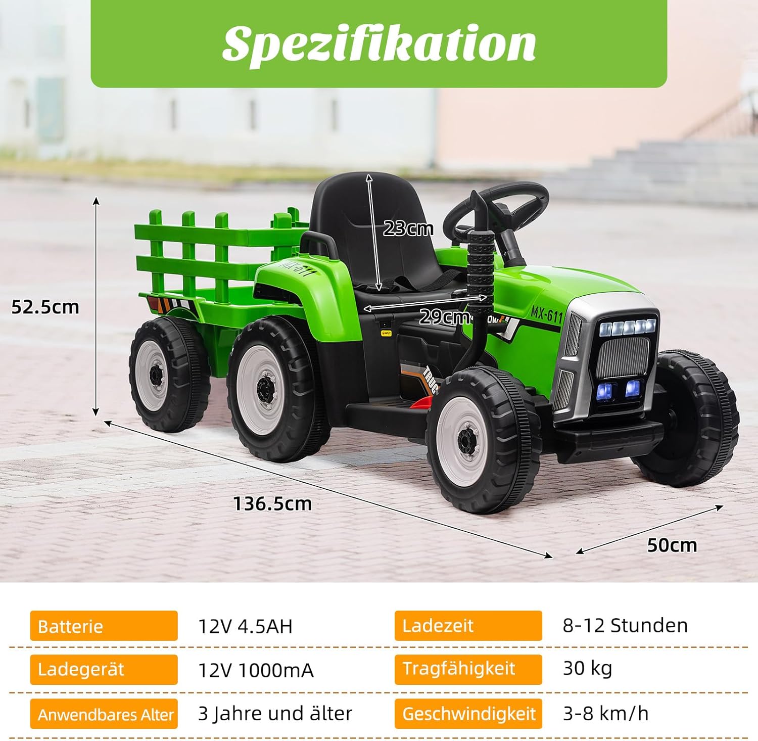 HAUSPROFI 12V 3-Gang Kinder Elektroauto mit Anhänger, Elektro Traktor 2 Fahrmodi, 2,4G-Fernbedienung, Kinder Traktor LED-Licht, Bluetooth, Musik, USB, Elektrischer Traktor für kinder ab 3 Jahren, Grün
