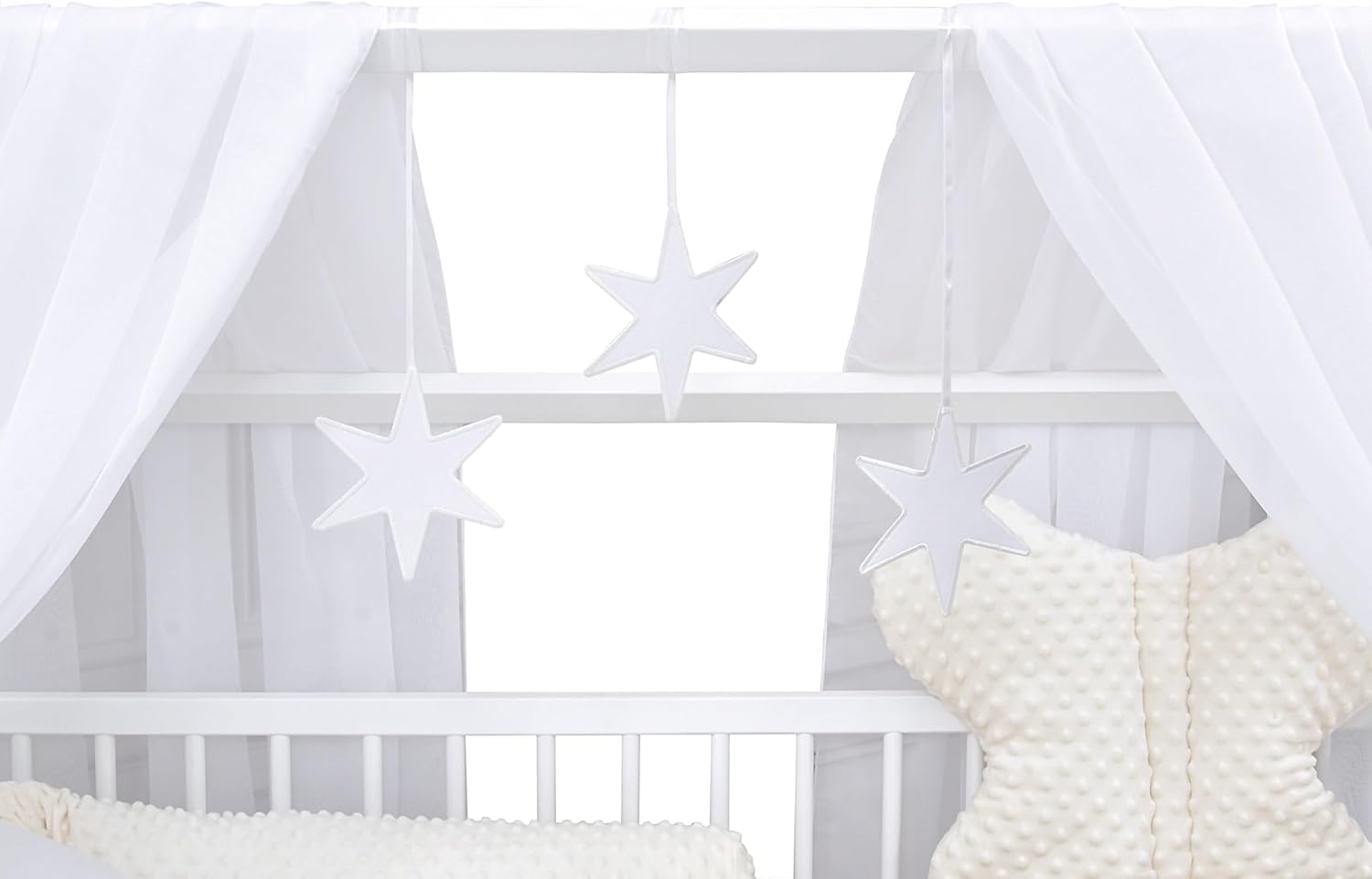Baby Delux Babybett Komplett Set Hausbett 60x120 cm weiß Schublade Rausfallschutz Kinderbett Matratze Bettwäsche Deko Set (Prince Stars)