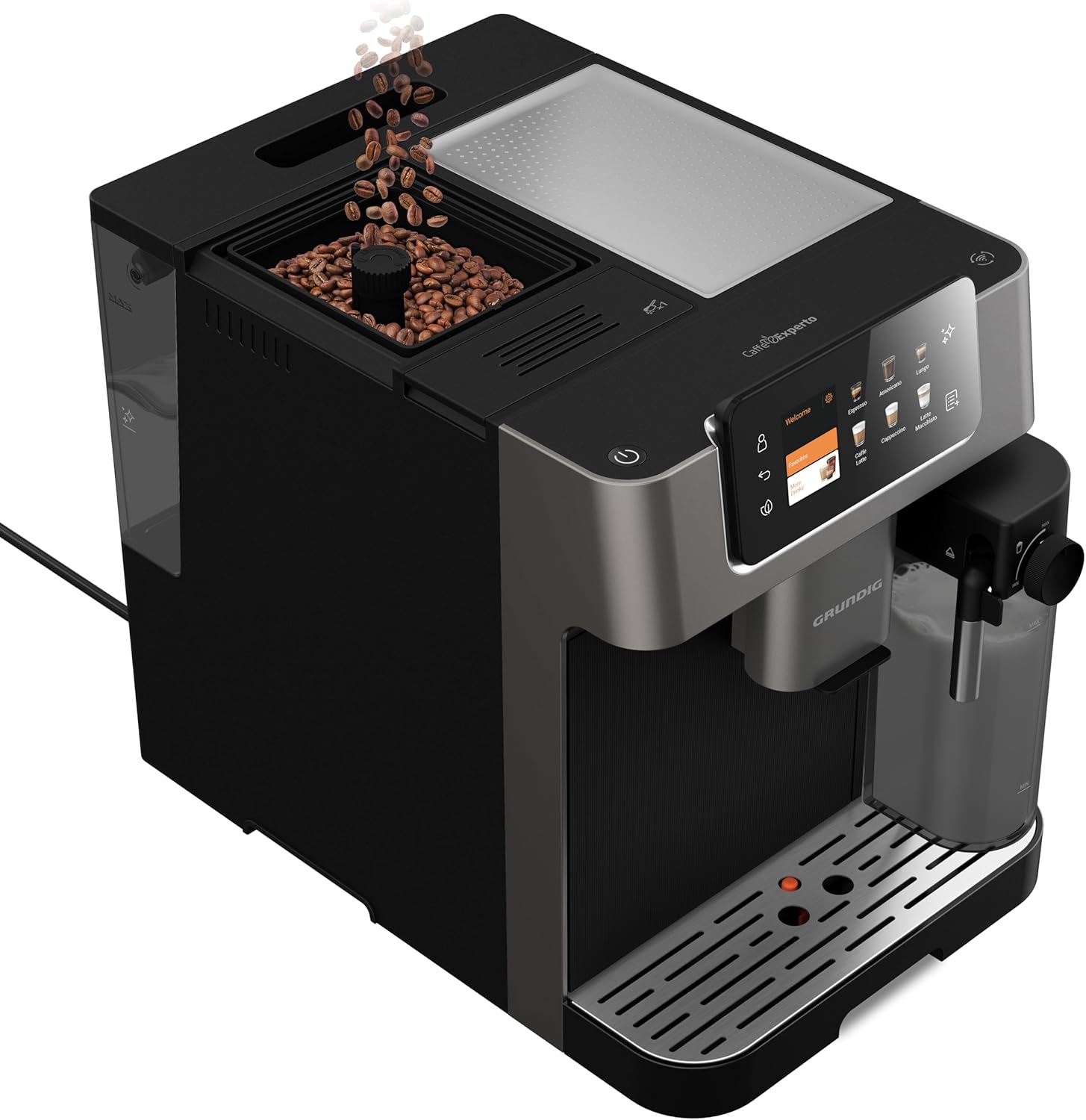 GRUNDIG KVA 7230 Kaffeevollautomat, Kaffeemaschine, 10 Kaffeespezialitäten, 13 Mahlgrade, Milchbehälter, leistungsstark 1350 W, 19 Bar Pumpendruck, Zweifachdüse, Beleuchtung, Schwarz/Dunkelsilber