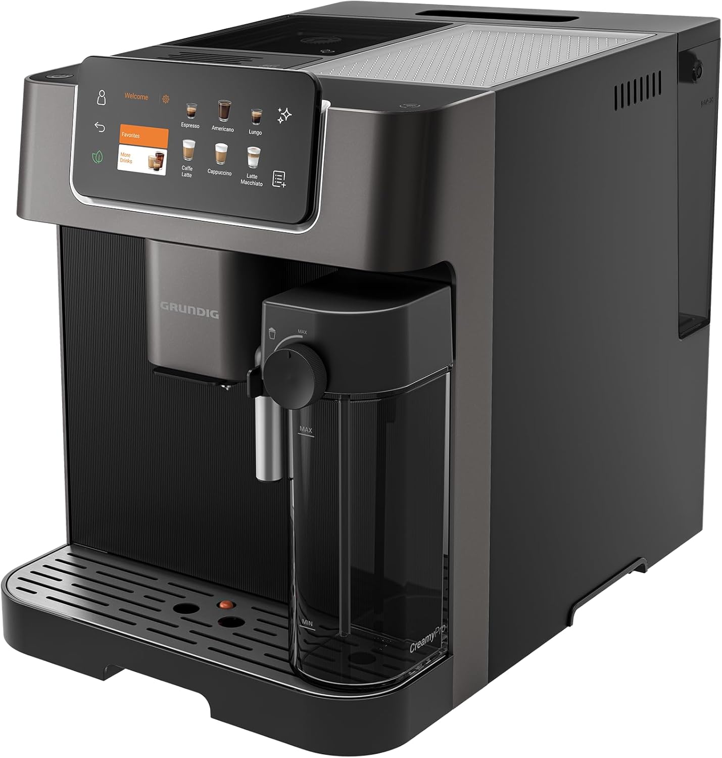 GRUNDIG KVA 7230 Kaffeevollautomat, Kaffeemaschine, 10 Kaffeespezialitäten, 13 Mahlgrade, Milchbehälter, leistungsstark 1350 W, 19 Bar Pumpendruck, Zweifachdüse, Beleuchtung, Schwarz/Dunkelsilber