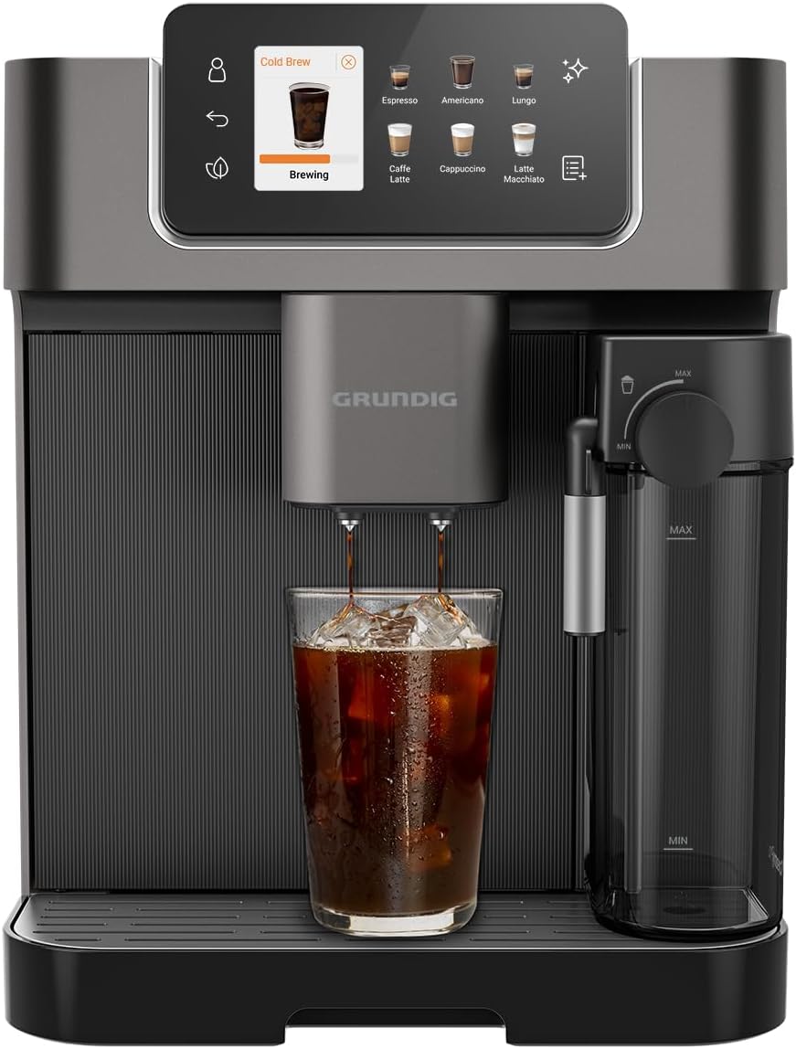 GRUNDIG KVA 7230 Kaffeevollautomat, Kaffeemaschine, 10 Kaffeespezialitäten, 13 Mahlgrade, Milchbehälter, leistungsstark 1350 W, 19 Bar Pumpendruck, Zweifachdüse, Beleuchtung, Schwarz/Dunkelsilber