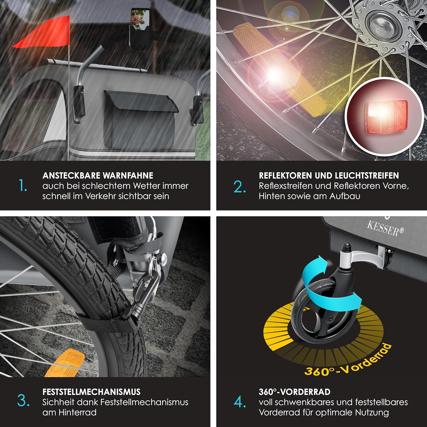 KESSER Kinderfahrradanhänger Sport-RX 2in1 Jogger & Buggy 5-Punkt-Gurt Sicherheitsgurt 360° Vorderrad Kinderfahrradanhänger Reflektoren für 1-2 Kinder (max. 40 kg) Getränkehalter & Smartphonefach