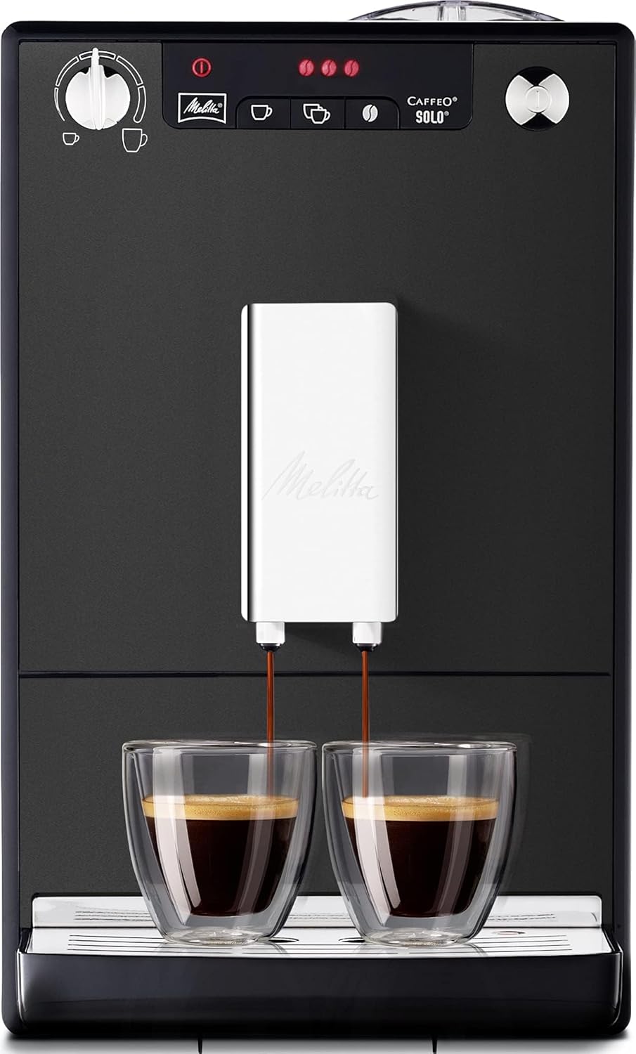 Melitta Solo - Kaffeevollautomat mit höhenverstellbarem Auslauf, kleine Kaffeemaschine mit abnehmbarem Wassertank, für z. B. Espresso oder Café Crème, silber