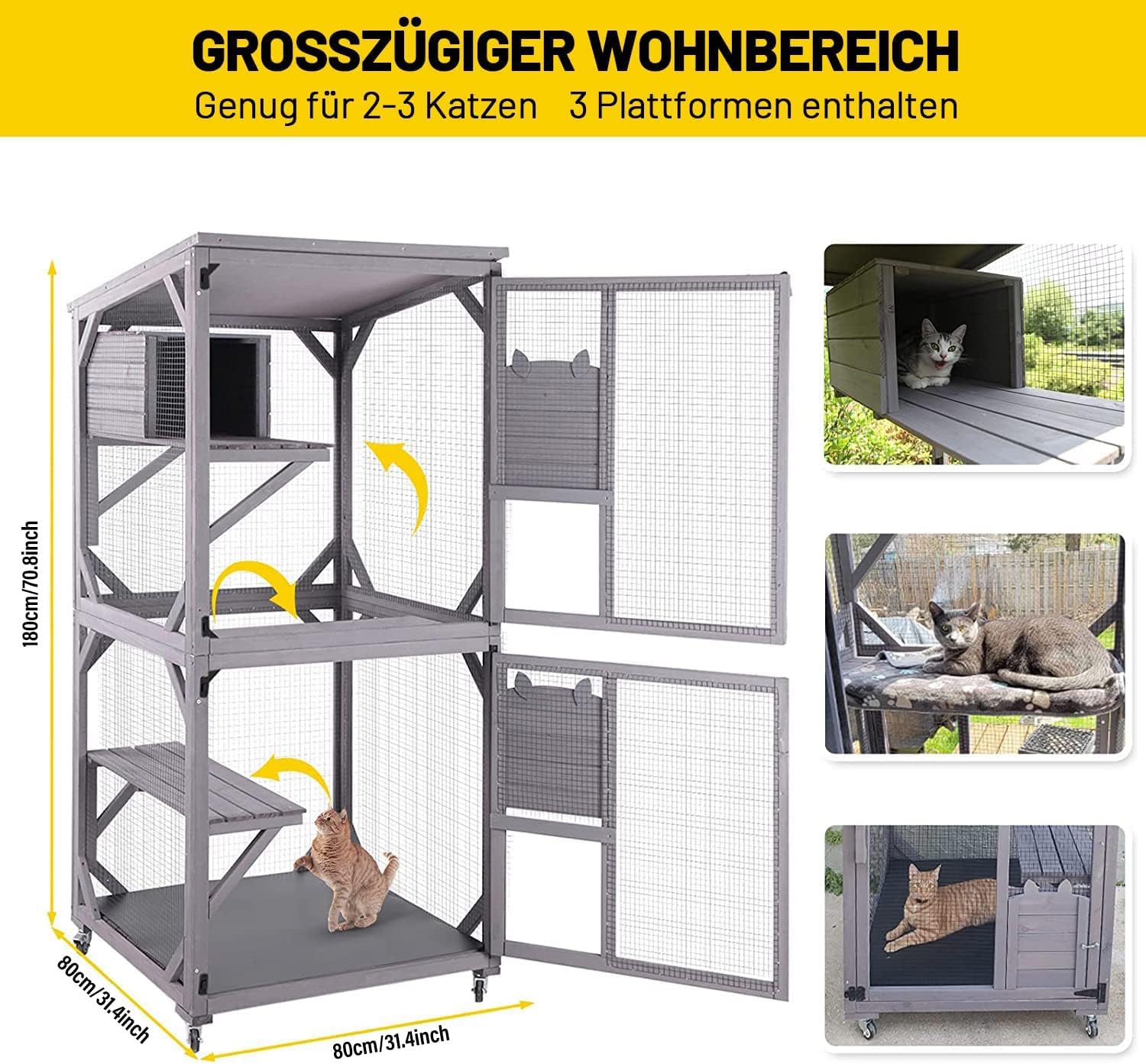 Katzenhaus Outdoor Catio Kitty Gehege mit super großer Eingangstür, Holz-Katzenkäfig Condo Indoor-Laufstall mit Plattformen und kleinem Haus