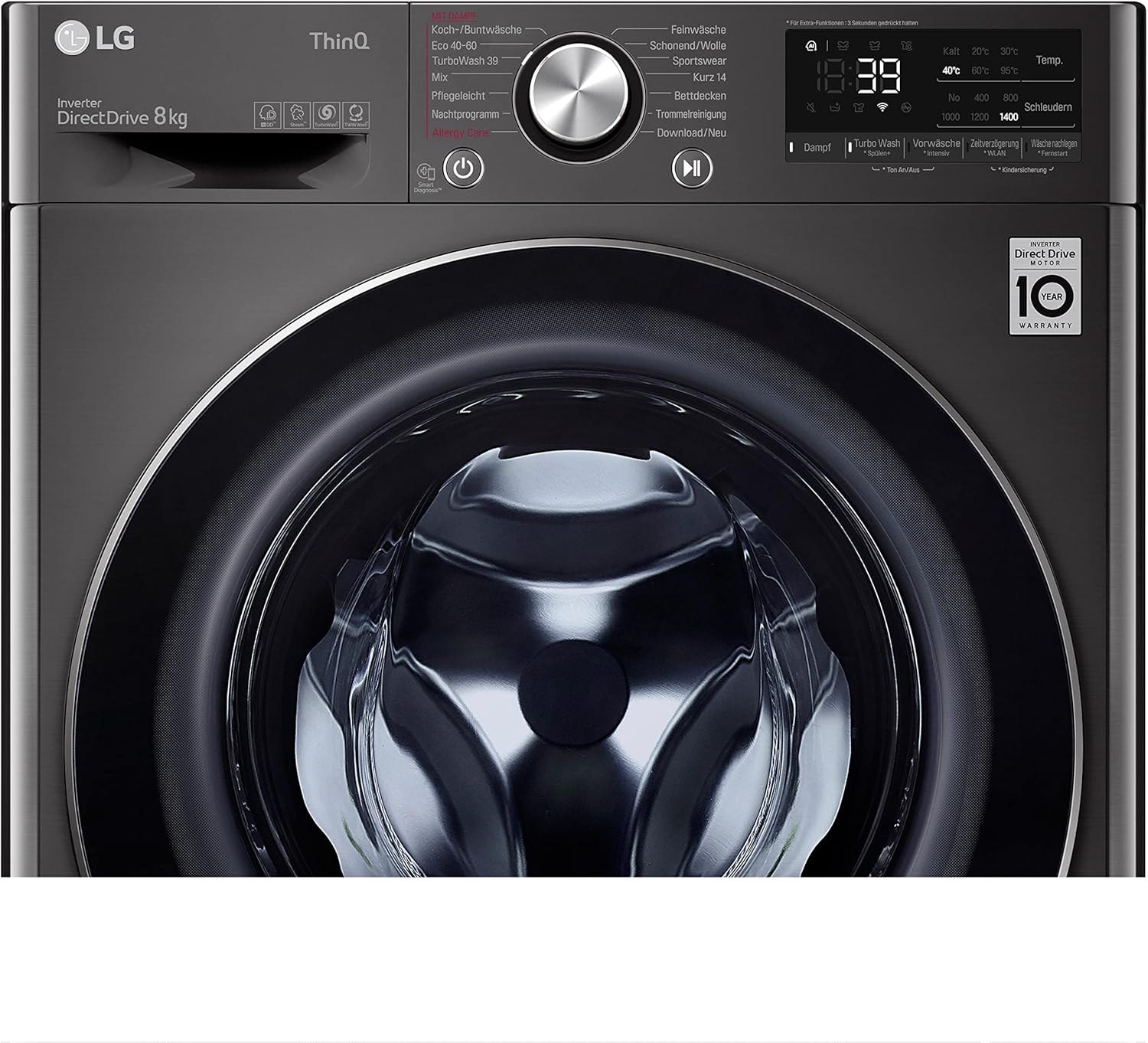 LG F4WV7080, Klasse A, Frontlader-Waschmaschine 8 kg, 1400 U/Min, AI Direct Drive, Wi-Fi, Tiefenreinigung mit Dampf, Große Kapazität, TRIPLE A, Außentür aus Sicherheitsglas, 62 x 60 x 85 cm ꟷ Weiß