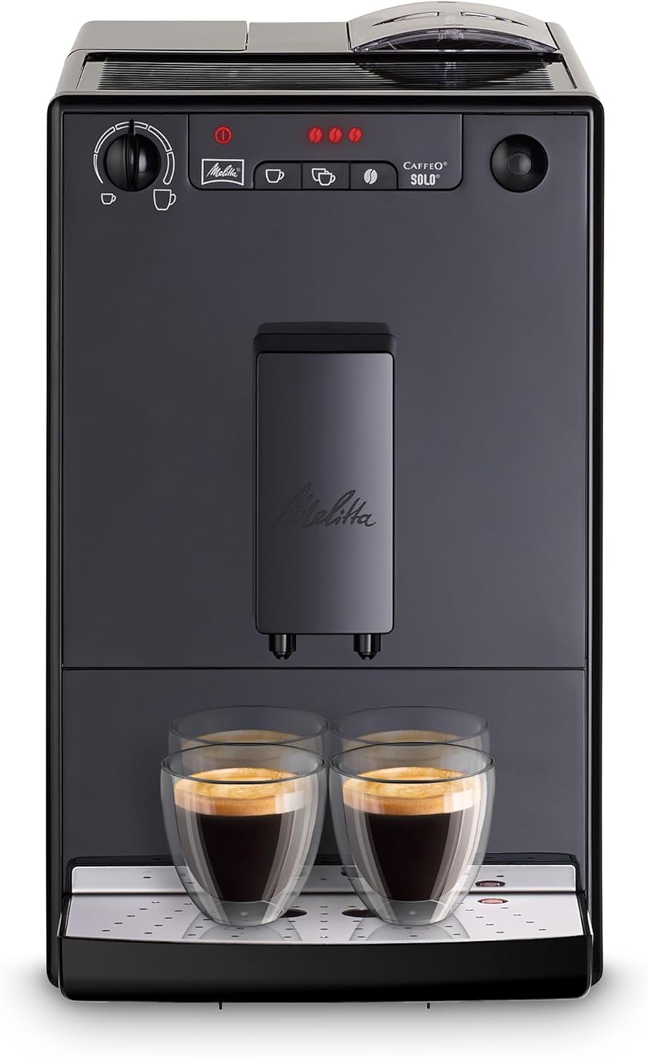 Melitta Solo - Kaffeevollautomat mit höhenverstellbarem Auslauf, kleine Kaffeemaschine mit abnehmbarem Wassertank, für z. B. Espresso oder Café Crème, silber