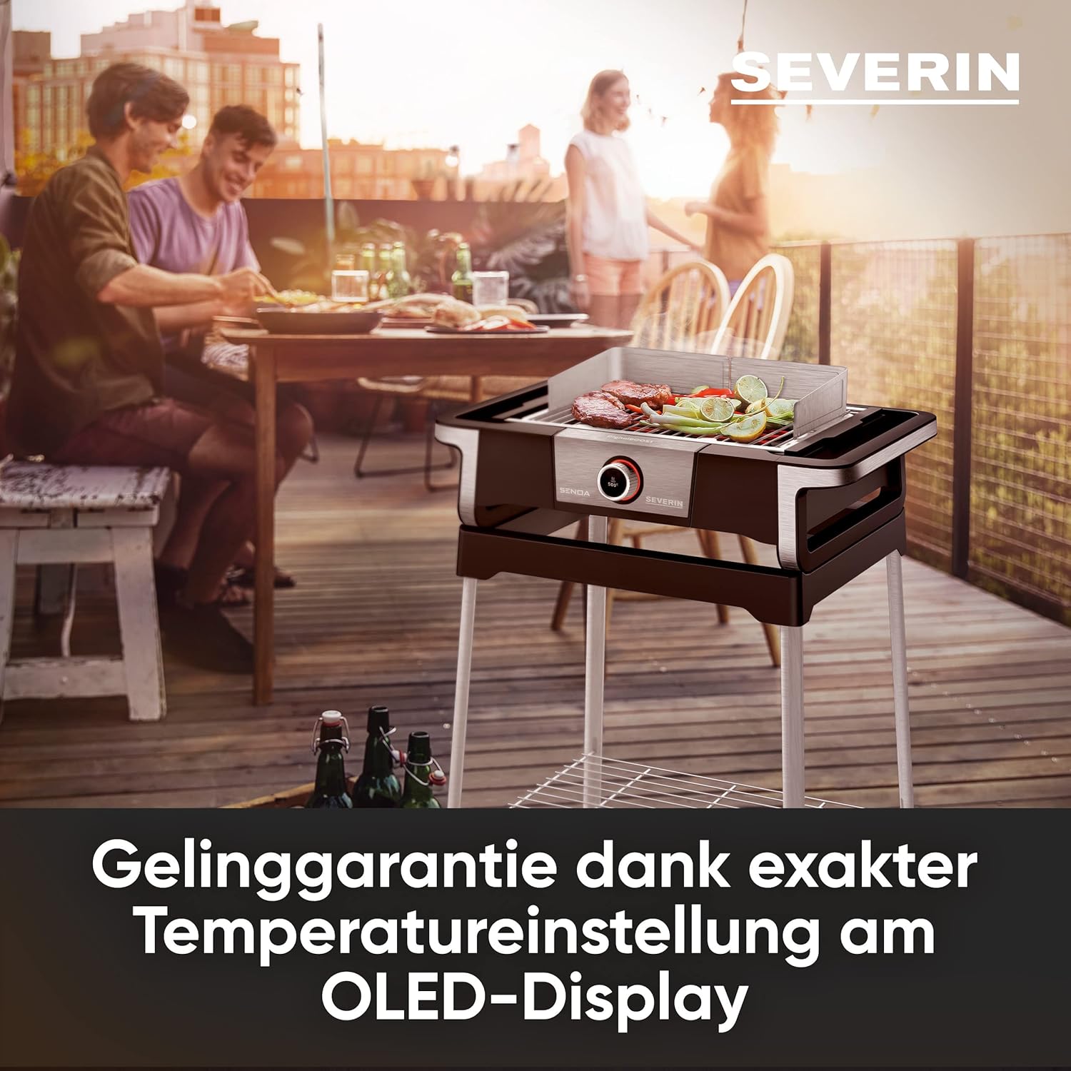 SEVERIN SENOA DigitalBOOST S Elektrogrill mit Untergestell, Standgrill mit schnellem Grillstart bis 500 °C, Balkon Grill mit SafeTouch-Oberfläche, Edelstahl/Schwarz, PG 8118