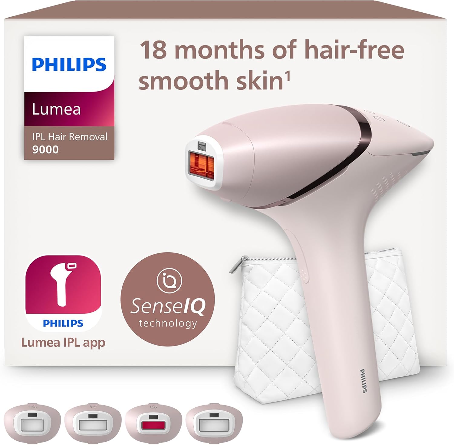 Philips Lumea IPL Haarentfernungsgerät 9000 Series – Haarentfernungsgerät mit SenseIQ Technologie, 4 Aufsätze für Körper, Gesicht, Bikinizone und Achselhöhlen, kabellos (Modell BRI957/00)