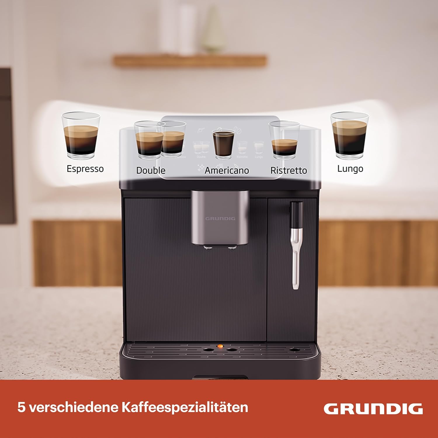 GRUNDIG KVA 7230 Kaffeevollautomat, Kaffeemaschine, 10 Kaffeespezialitäten, 13 Mahlgrade, Milchbehälter, leistungsstark 1350 W, 19 Bar Pumpendruck, Zweifachdüse, Beleuchtung, Schwarz/Dunkelsilber