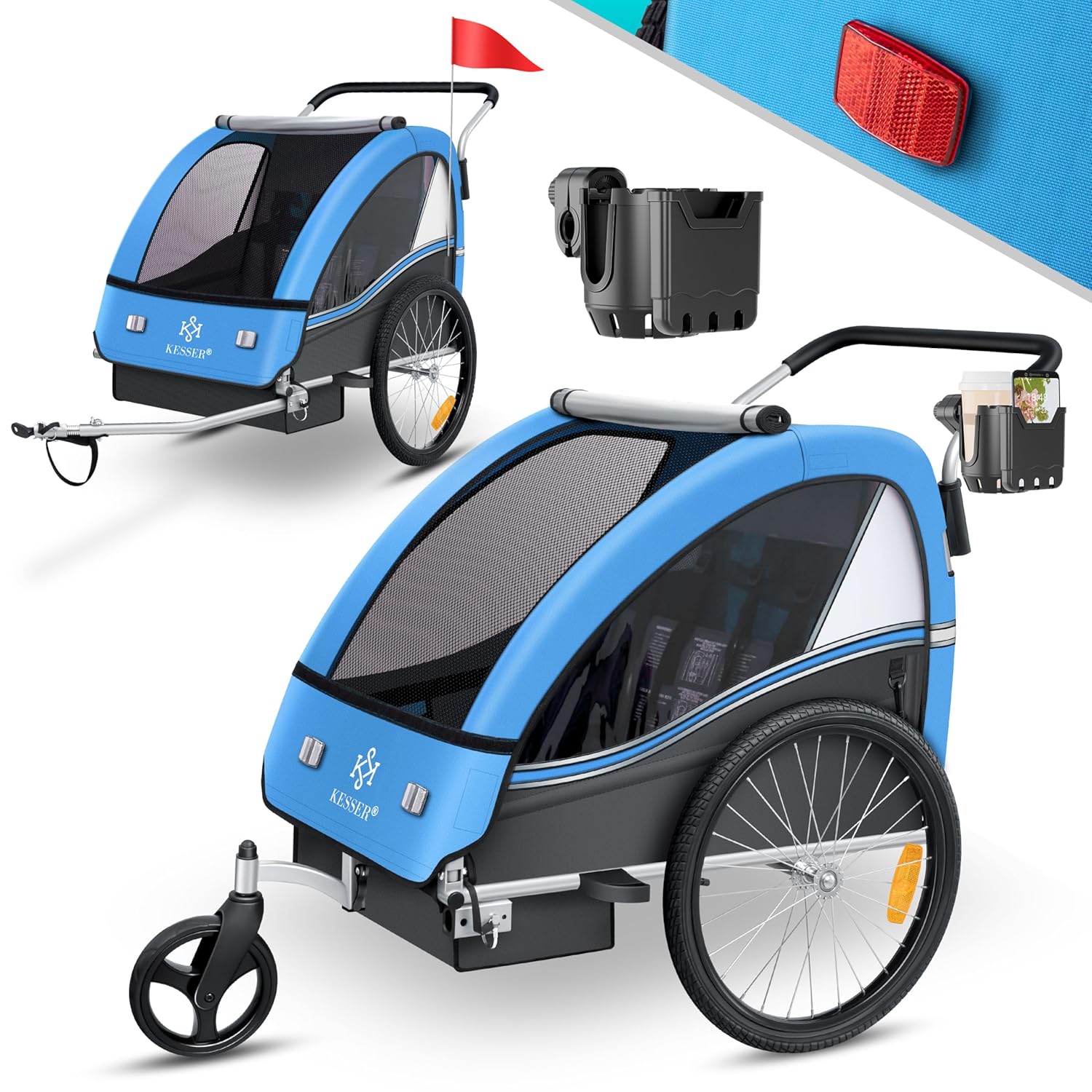 KESSER Kinderfahrradanhänger Sport-RX 2in1 Jogger & Buggy 5-Punkt-Gurt Sicherheitsgurt 360° Vorderrad Kinderfahrradanhänger Reflektoren für 1-2 Kinder (max. 40 kg) Getränkehalter & Smartphonefach