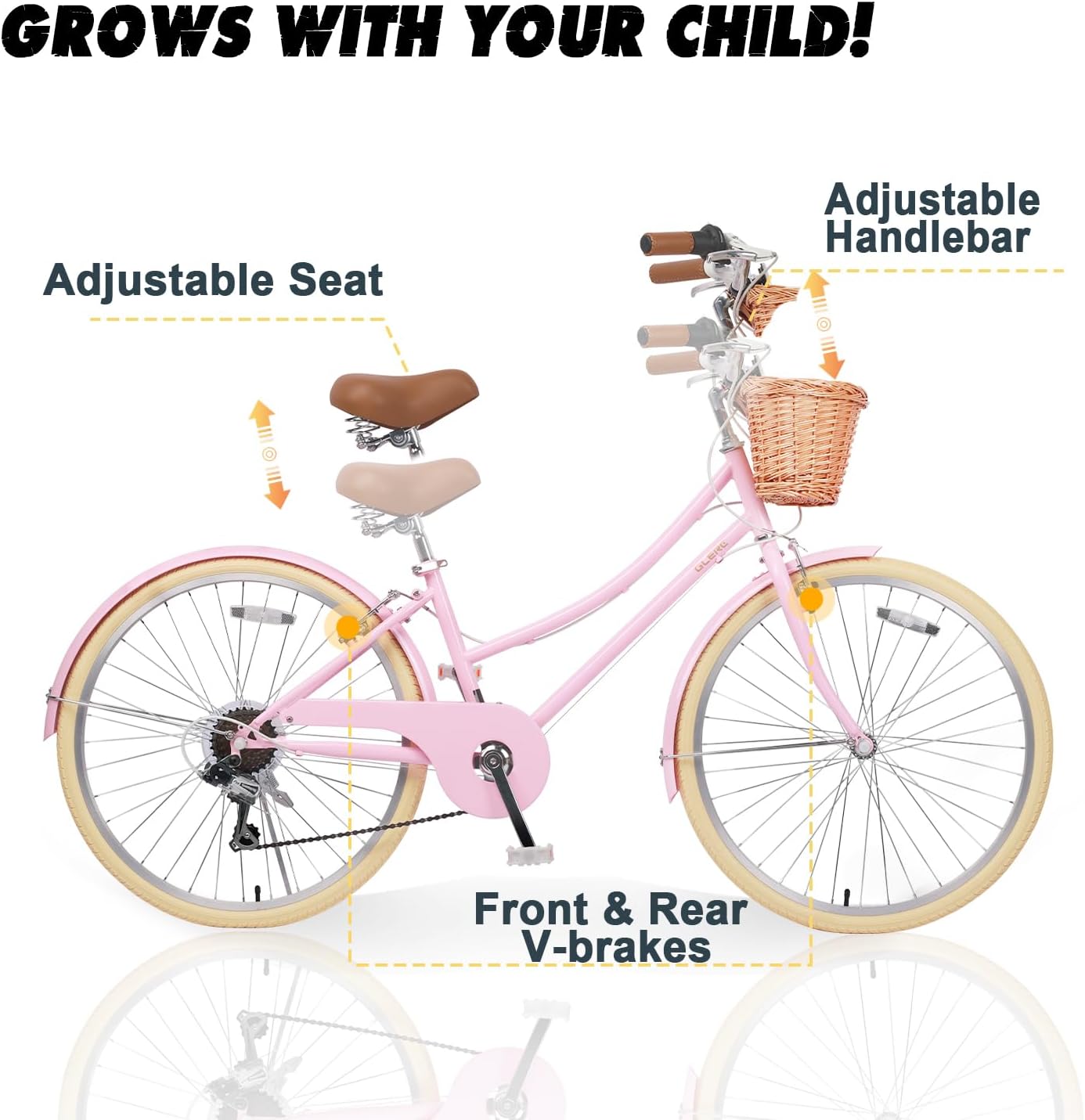 Glerc Missy 20 24 26 Zoll Mädchen City 6-Gang Hybrid Cruiser Fahrrad mit Weidenkorb für Jugend über 6-Jahre alt, mehrere Farben