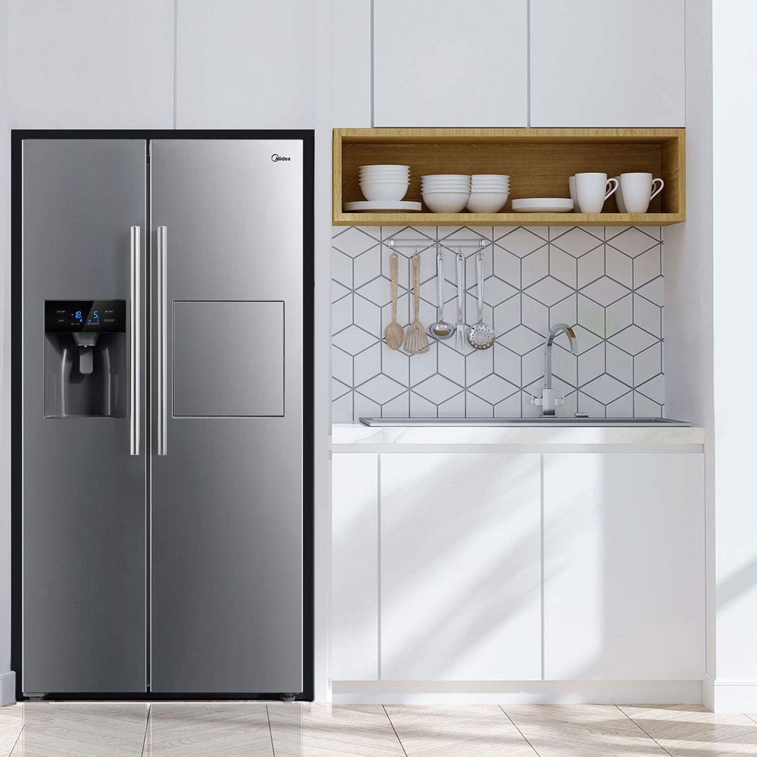 Midea KS-DDX 6.32 WT Side-by-Side Kühl-/Gefrierkombination/ 178,8 cm Hhe/ 254 kWh/Jahr/No Frost/Dual Inverter Compressor/mit 3in1 Wasser-/Eisspender und Wassertank, Dark Inox