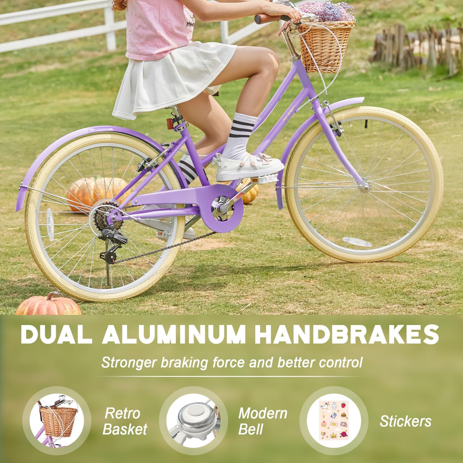 Glerc Missy 20 24 26 Zoll Mädchen City 6-Gang Hybrid Cruiser Fahrrad mit Weidenkorb für Jugend über 6-Jahre alt, mehrere Farben