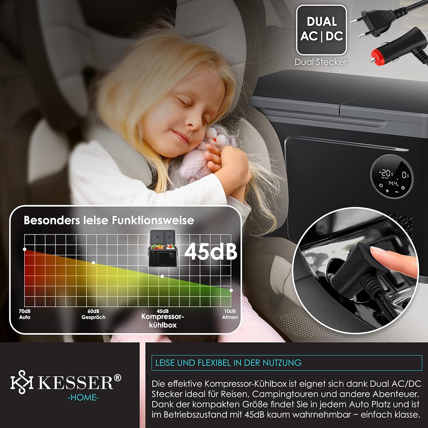 KESSER Kompressor Kühlbox 2in1 Doppelzone Kühl & Gefrierfach elektrische Gefrierbox mit 2x Kühlakkus & LED-Touch-Bedienung | Kühlschrank Kühlung bis -20 °C für Camping, Auto, Lkw 12/24V 230V
