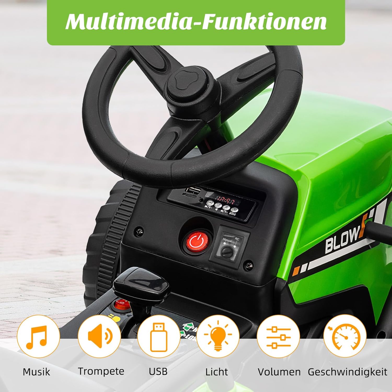 HAUSPROFI 12V 3-Gang Kinder Elektroauto mit Anhänger, Elektro Traktor 2 Fahrmodi, 2,4G-Fernbedienung, Kinder Traktor LED-Licht, Bluetooth, Musik, USB, Elektrischer Traktor für kinder ab 3 Jahren, Grün