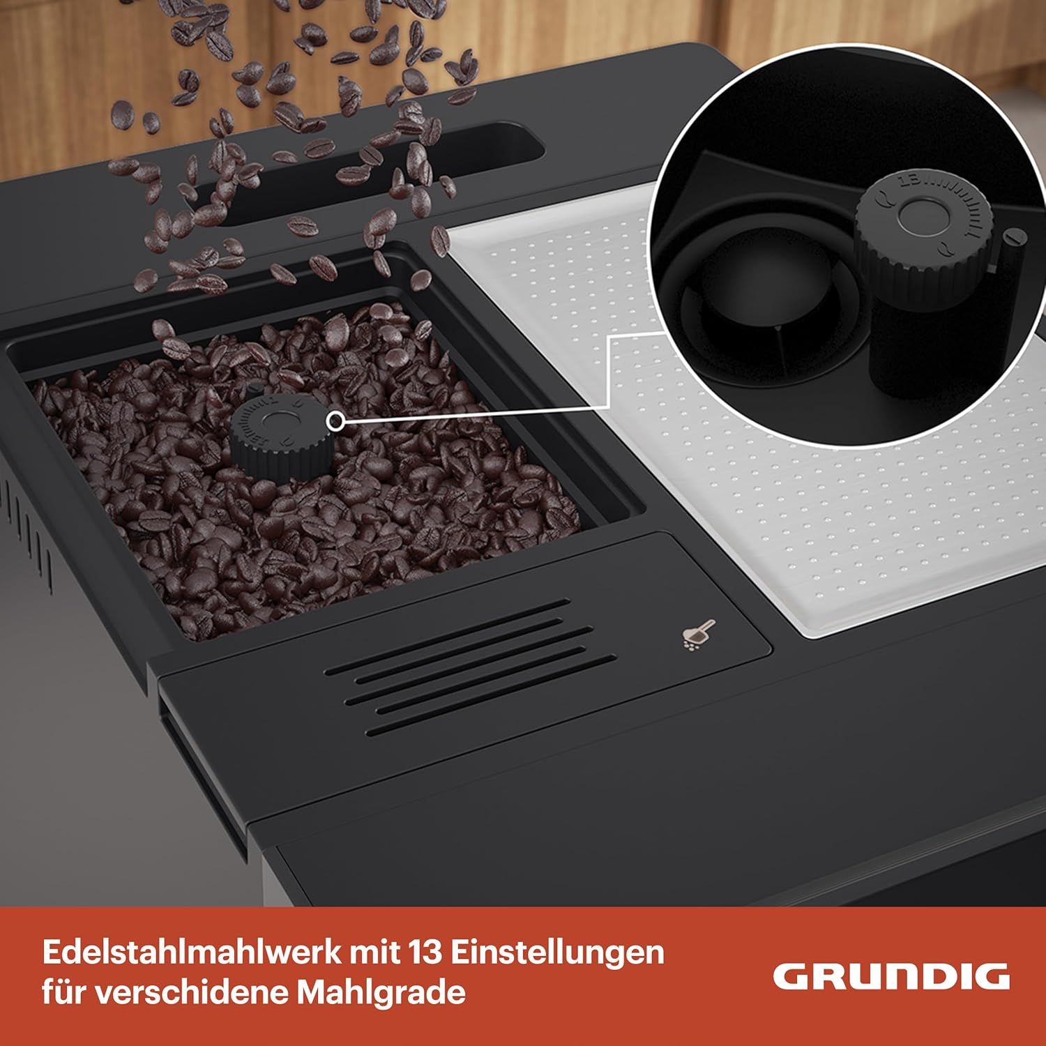 GRUNDIG KVA 7230 Kaffeevollautomat, Kaffeemaschine, 10 Kaffeespezialitäten, 13 Mahlgrade, Milchbehälter, leistungsstark 1350 W, 19 Bar Pumpendruck, Zweifachdüse, Beleuchtung, Schwarz/Dunkelsilber