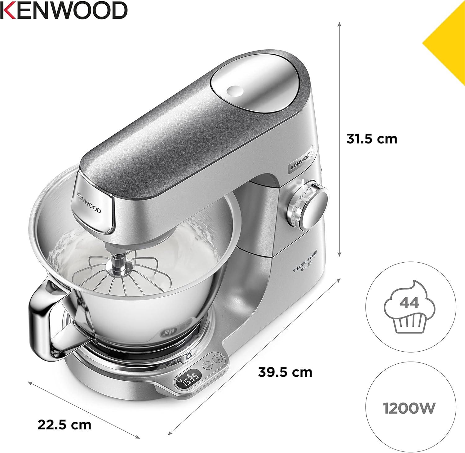 Kenwood Titanium Chef Baker KVL85.424SI Küchenmaschine mit integrierter Waage, inkl. 4-teiligem Patisserie-Set, 7 L und 5L Rührschüssel, stufenloser Geschwindigkeitsregler, 1200 W, Silber