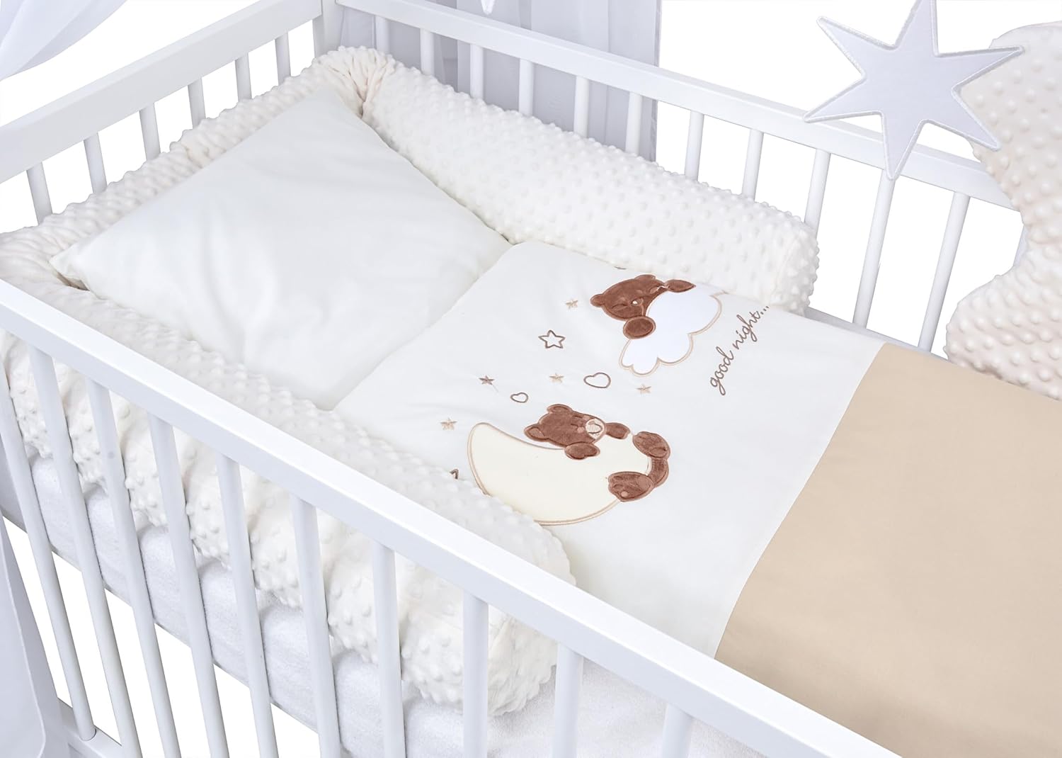 Baby Delux Babybett Komplett Set Hausbett 60x120 cm weiß Schublade Rausfallschutz Kinderbett Matratze Bettwäsche Deko Set (Prince Stars)