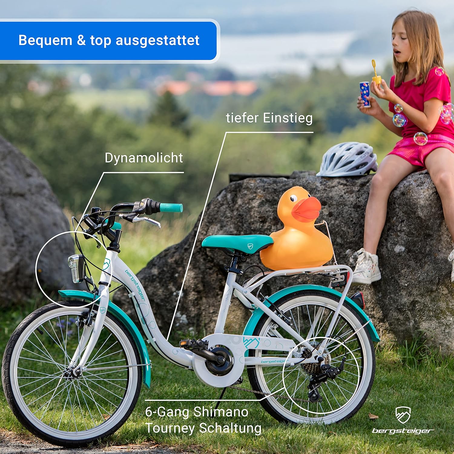 Bergsteiger Atlantis 20, 24 Zoll Kinderfahrrad, geeignet für 6,7, 8, 9, 10, 11 Jahre, StVZO, Shimano Schaltung, Mädchen-Fahrrad mit Dynamo-Licht