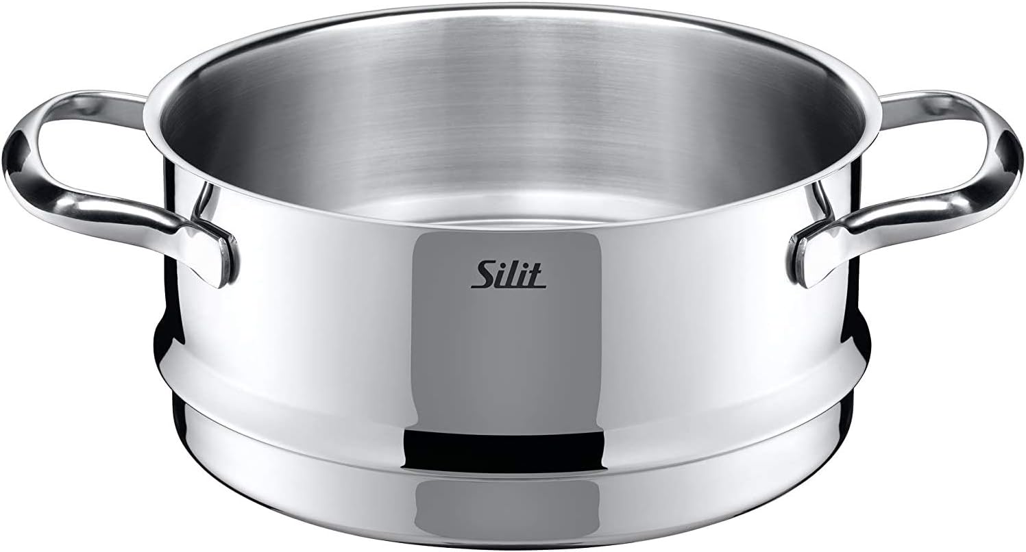 Silit Toskana Topfset induktionsgeeignet 10-teilig, Kochtopf Set mit Glasdeckel, Induktionskochtöpfe, Milchtopf, Dämpfer, Pfanne, Edelstahl teilmattiert, Induktions Töpfe Set unbeschichtet