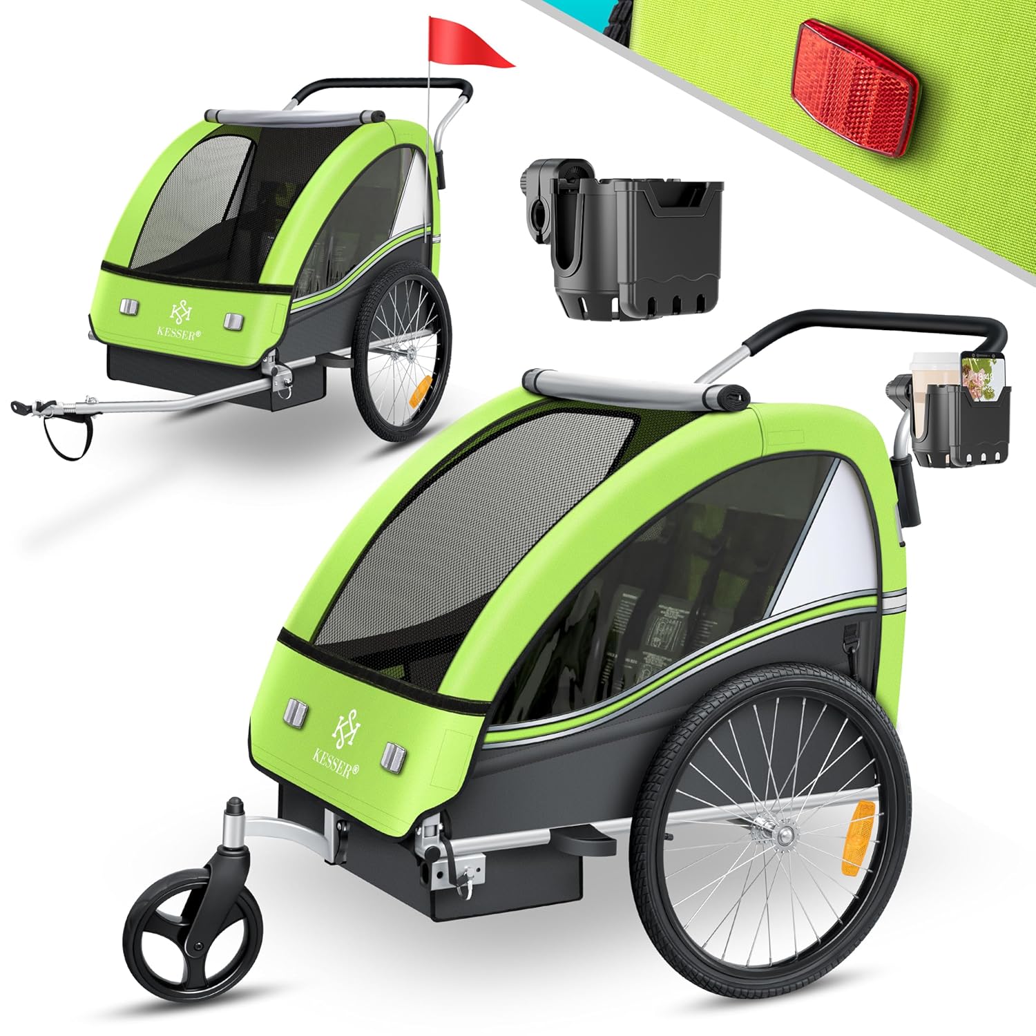 KESSER Kinderfahrradanhänger Sport-RX 2in1 Jogger & Buggy 5-Punkt-Gurt Sicherheitsgurt 360° Vorderrad Kinderfahrradanhänger Reflektoren für 1-2 Kinder (max. 40 kg) Getränkehalter & Smartphonefach