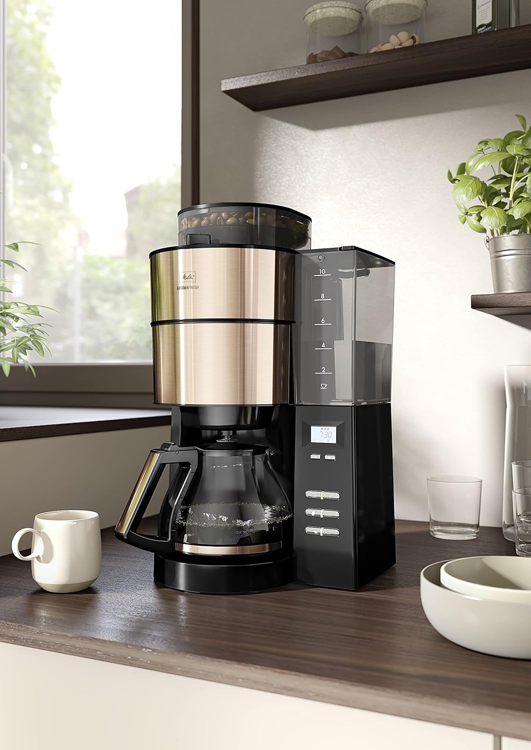 Melitta AromaFresh - Filterkaffeemaschine - mit Glaskanne - integriertes Mahlwerk - Timer Funktion - 10 Tassen - Pure Black