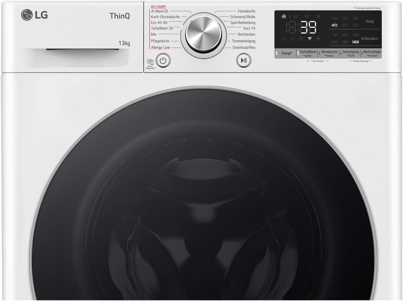 LG F4WV7080, Klasse A, Frontlader-Waschmaschine 8 kg, 1400 U/Min, AI Direct Drive, Wi-Fi, Tiefenreinigung mit Dampf, Große Kapazität, TRIPLE A, Außentür aus Sicherheitsglas, 62 x 60 x 85 cm ꟷ Weiß