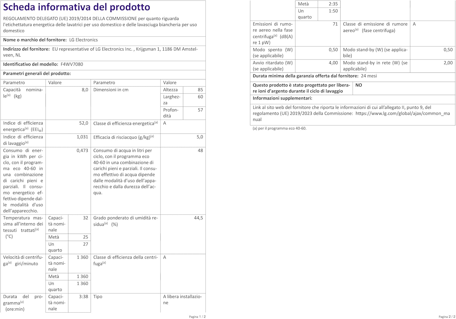 LG F4WV7080, Klasse A, Frontlader-Waschmaschine 8 kg, 1400 U/Min, AI Direct Drive, Wi-Fi, Tiefenreinigung mit Dampf, Große Kapazität, TRIPLE A, Außentür aus Sicherheitsglas, 62 x 60 x 85 cm ꟷ Weiß