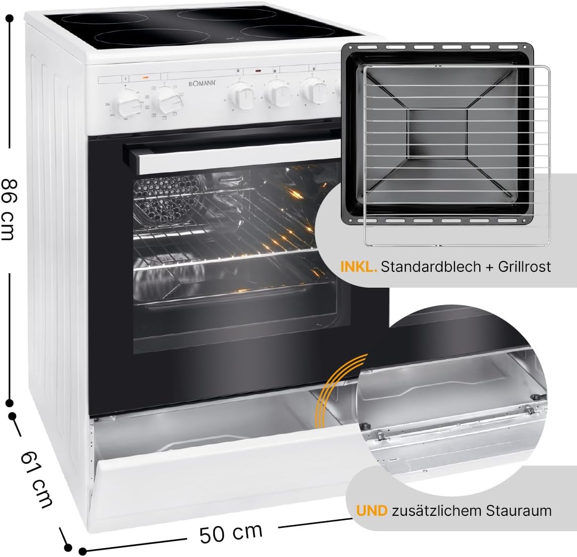 Bomann® Backofen 50cm mit Herd | Elektroherd freistehend 50 cm mit 4 Kochplatten | Standherd mit Ofen 43L | Ober-/Unterhitze | 40°C-240°C | inkl. Blech & Grillrost | Elektroherd mit Kochfeld EHC 7939