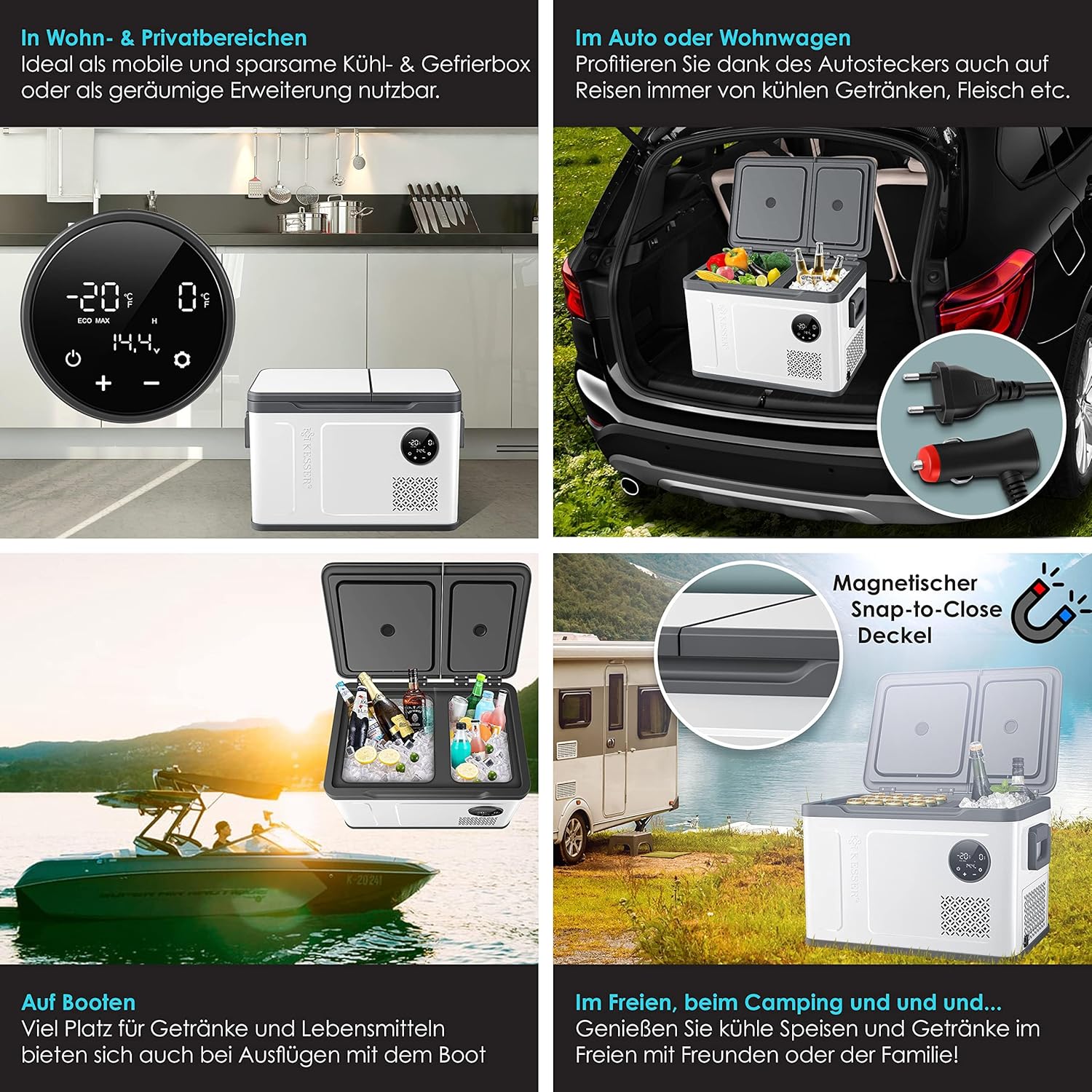 KESSER Kompressor Kühlbox 2in1 Doppelzone Kühl & Gefrierfach elektrische Gefrierbox mit 2x Kühlakkus & LED-Touch-Bedienung | Kühlschrank Kühlung bis -20 °C für Camping, Auto, Lkw 12/24V 230V