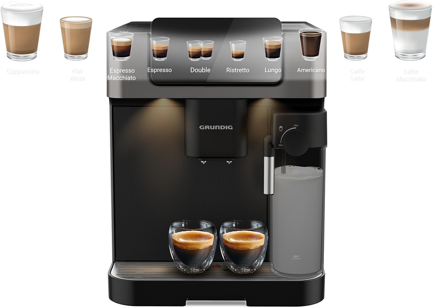 GRUNDIG KVA 7230 Kaffeevollautomat, Kaffeemaschine, 10 Kaffeespezialitäten, 13 Mahlgrade, Milchbehälter, leistungsstark 1350 W, 19 Bar Pumpendruck, Zweifachdüse, Beleuchtung, Schwarz/Dunkelsilber