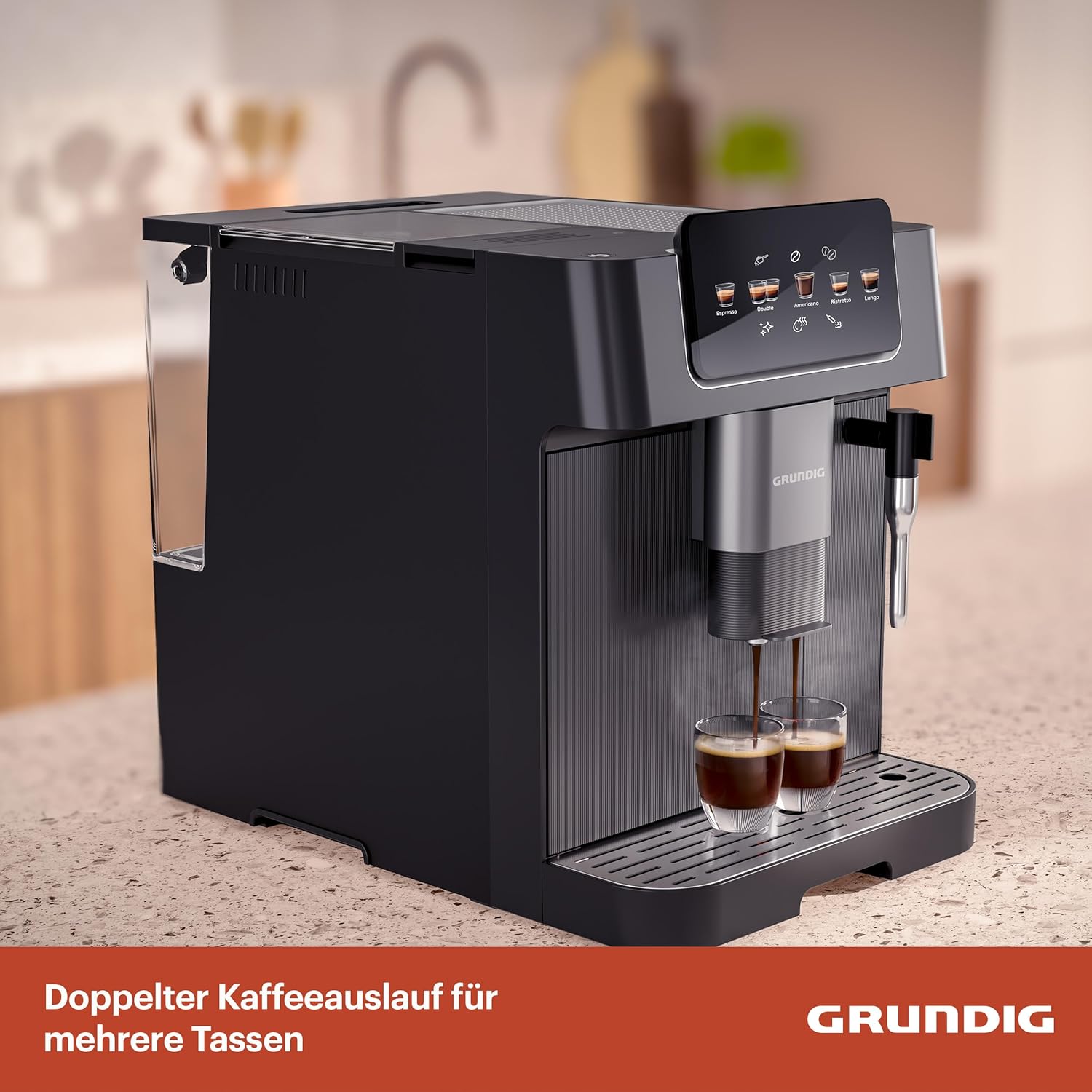 GRUNDIG KVA 7230 Kaffeevollautomat, Kaffeemaschine, 10 Kaffeespezialitäten, 13 Mahlgrade, Milchbehälter, leistungsstark 1350 W, 19 Bar Pumpendruck, Zweifachdüse, Beleuchtung, Schwarz/Dunkelsilber