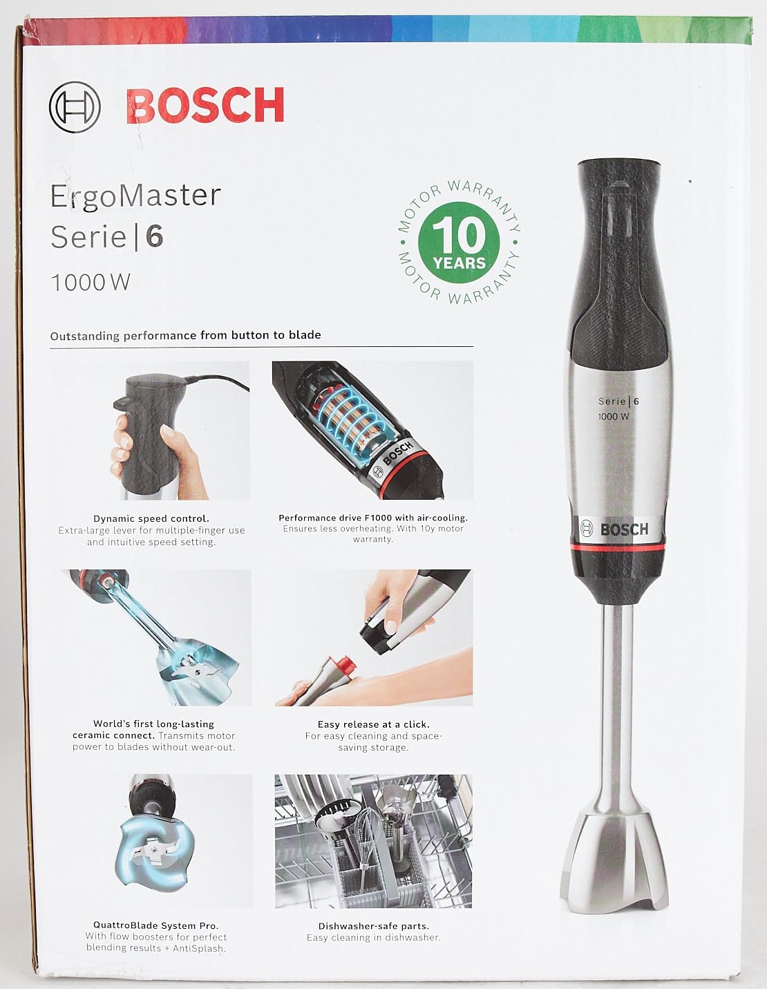 Bosch Stabmixer ErgoMaster Serie 6 MSM6M673, 10 Jahre Motorgarantie, Edelstahl-Klingen, verschleifreie Keramik-Kupplung, Luftkühlung, Zerkleinerer, Kartoffelstampfer, Schneebesen, 1000 W