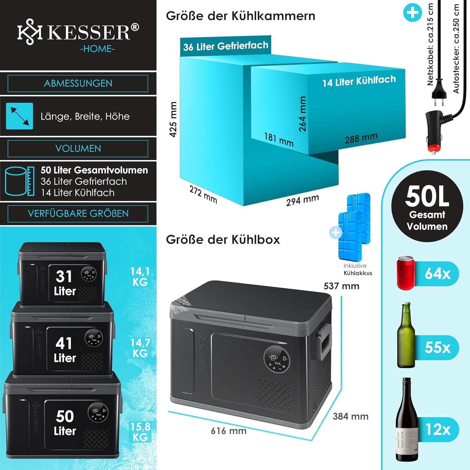 KESSER Kompressor Kühlbox 2in1 Doppelzone Kühl & Gefrierfach elektrische Gefrierbox mit 2x Kühlakkus & LED-Touch-Bedienung | Kühlschrank Kühlung bis -20 °C für Camping, Auto, Lkw 12/24V 230V