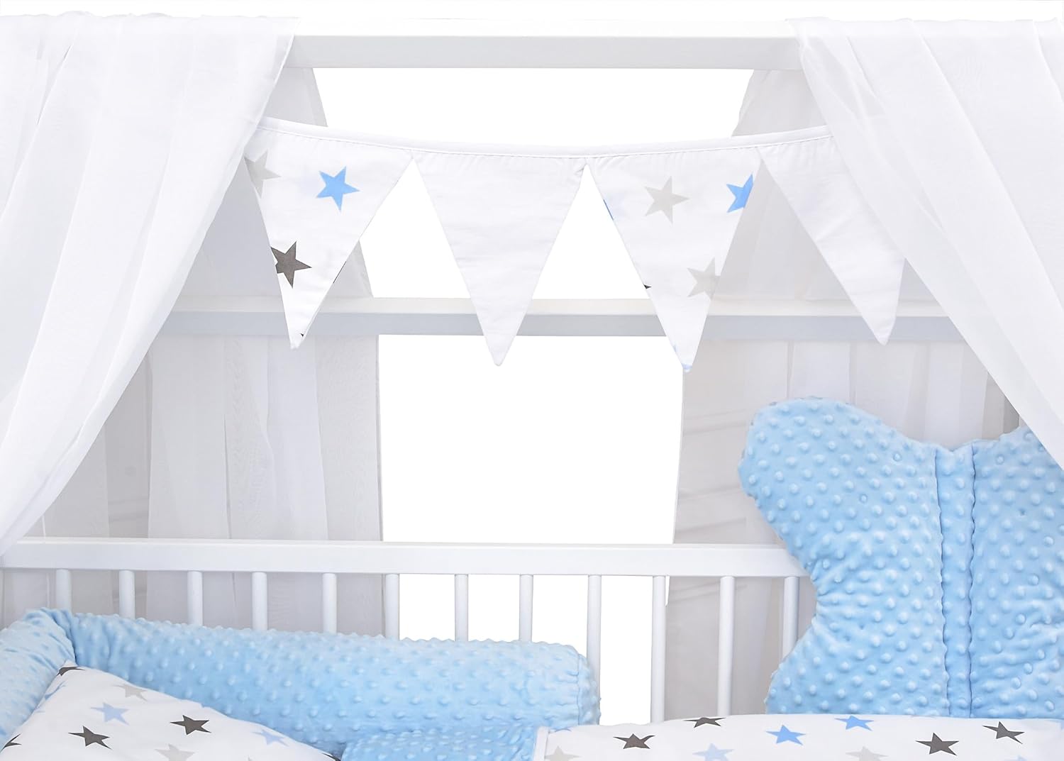 Baby Delux Babybett Komplett Set Hausbett 60x120 cm weiß Schublade Rausfallschutz Kinderbett Matratze Bettwäsche Deko Set (Prince Stars)