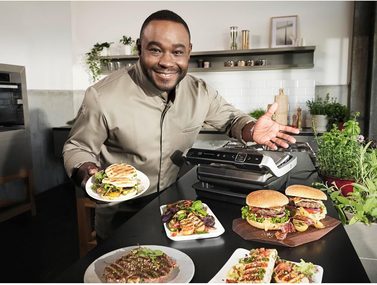 Tefal OptiGrill Elite Kontaktgrill, 12 Programme, Digitales Display mit Garstufenanzeige, Abnehmbare Platten, Elektrogrill, Edelstahl, GC750D16