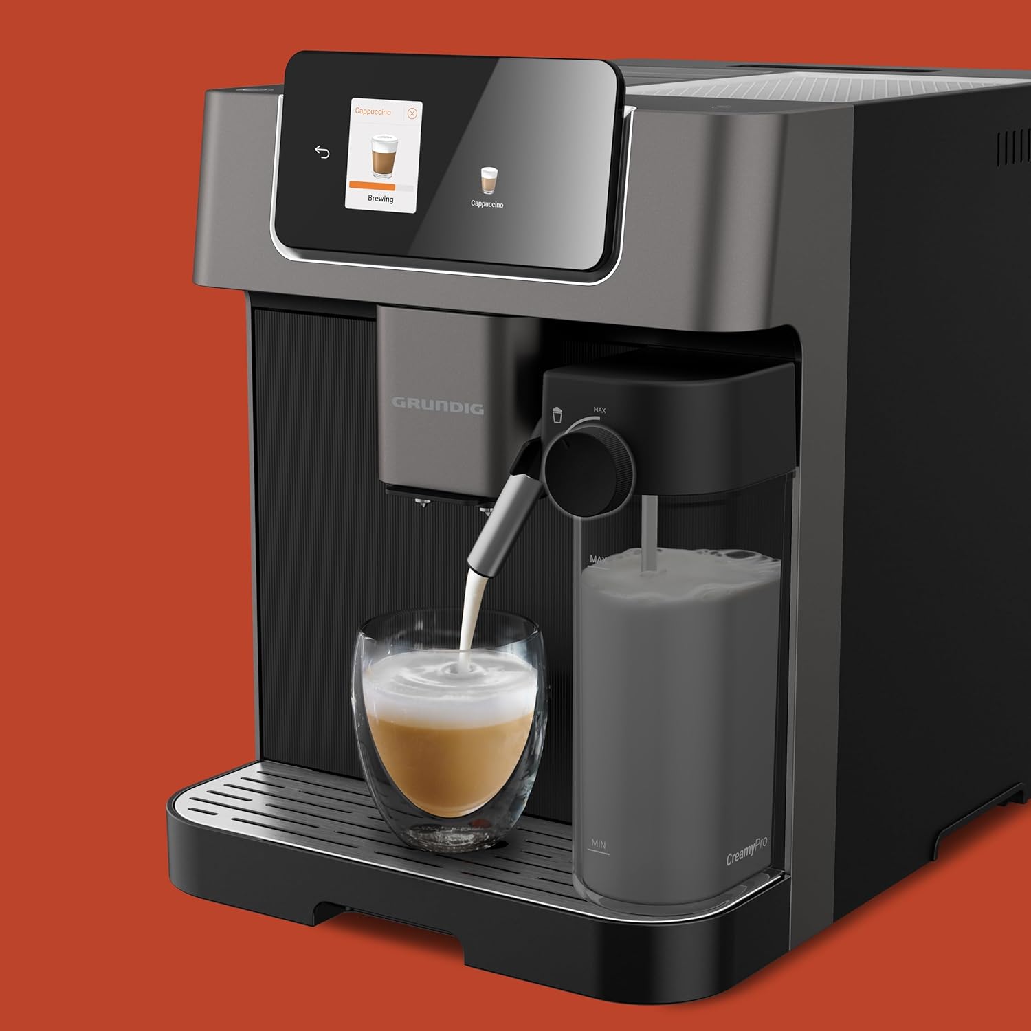 GRUNDIG KVA 7230 Kaffeevollautomat, Kaffeemaschine, 10 Kaffeespezialitäten, 13 Mahlgrade, Milchbehälter, leistungsstark 1350 W, 19 Bar Pumpendruck, Zweifachdüse, Beleuchtung, Schwarz/Dunkelsilber