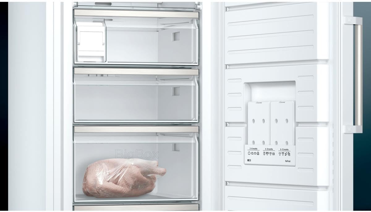 Siemens GS54NAWCV iQ500 Gefrierschrank, 176 x 70 cm, 327 L, noFrost nie wieder abtauen, bigBox Platz für großes Gefriergut, varioZone flexible Glas-und Schubladen, Weiß