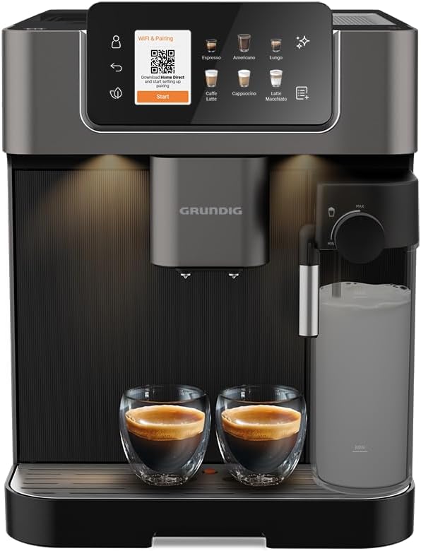 GRUNDIG KVA 7230 Kaffeevollautomat, Kaffeemaschine, 10 Kaffeespezialitäten, 13 Mahlgrade, Milchbehälter, leistungsstark 1350 W, 19 Bar Pumpendruck, Zweifachdüse, Beleuchtung, Schwarz/Dunkelsilber