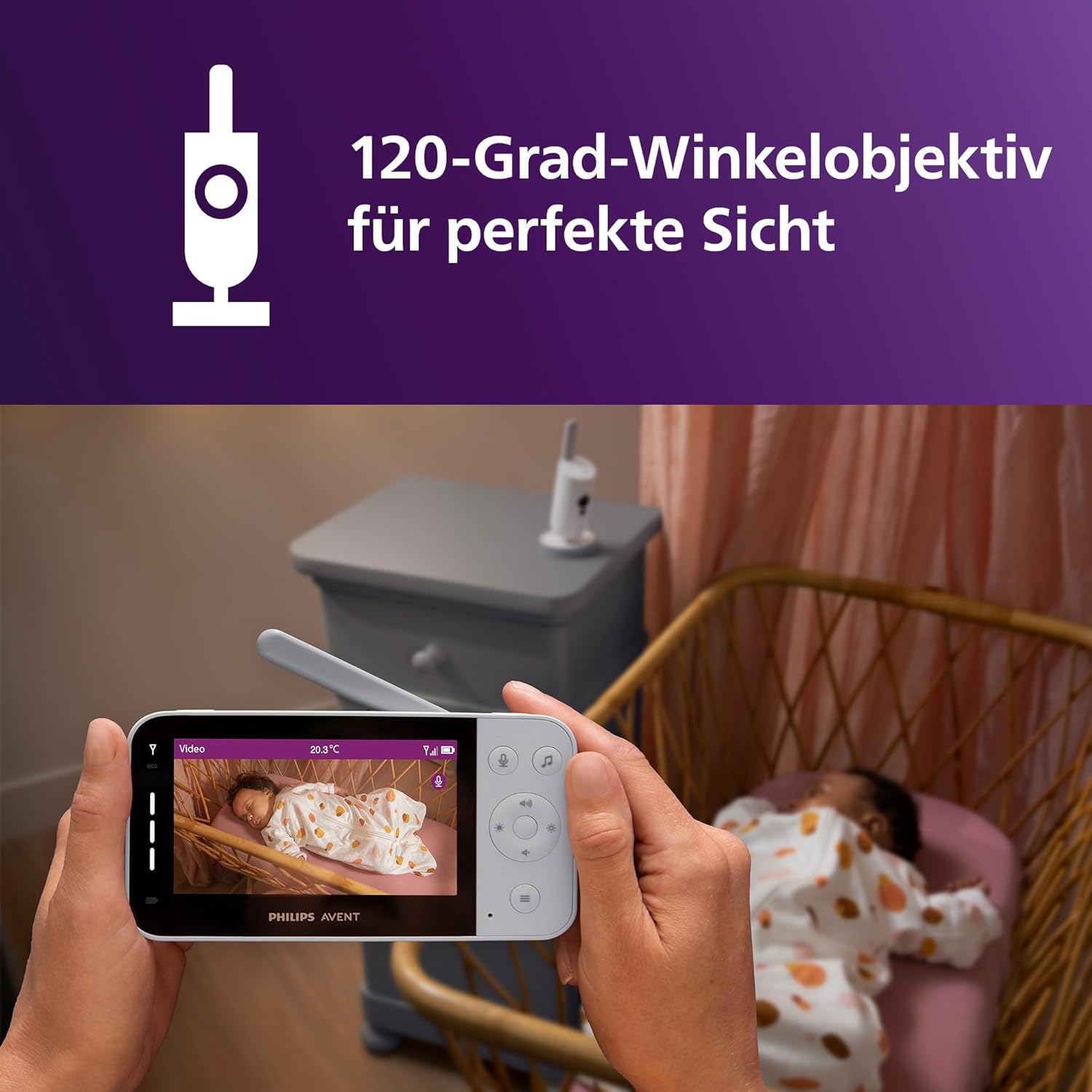 PHILIPS Avent Connected Videophone mit WLAN, hochwertiger HD-Kamera, Infrarot-Nachtsichtfunktion, Schrei-Erkennung, Gegensprechfunktion, 12 Stunden Bildschirmlaufzeit im Eco-Modus, Modell SCD951/26