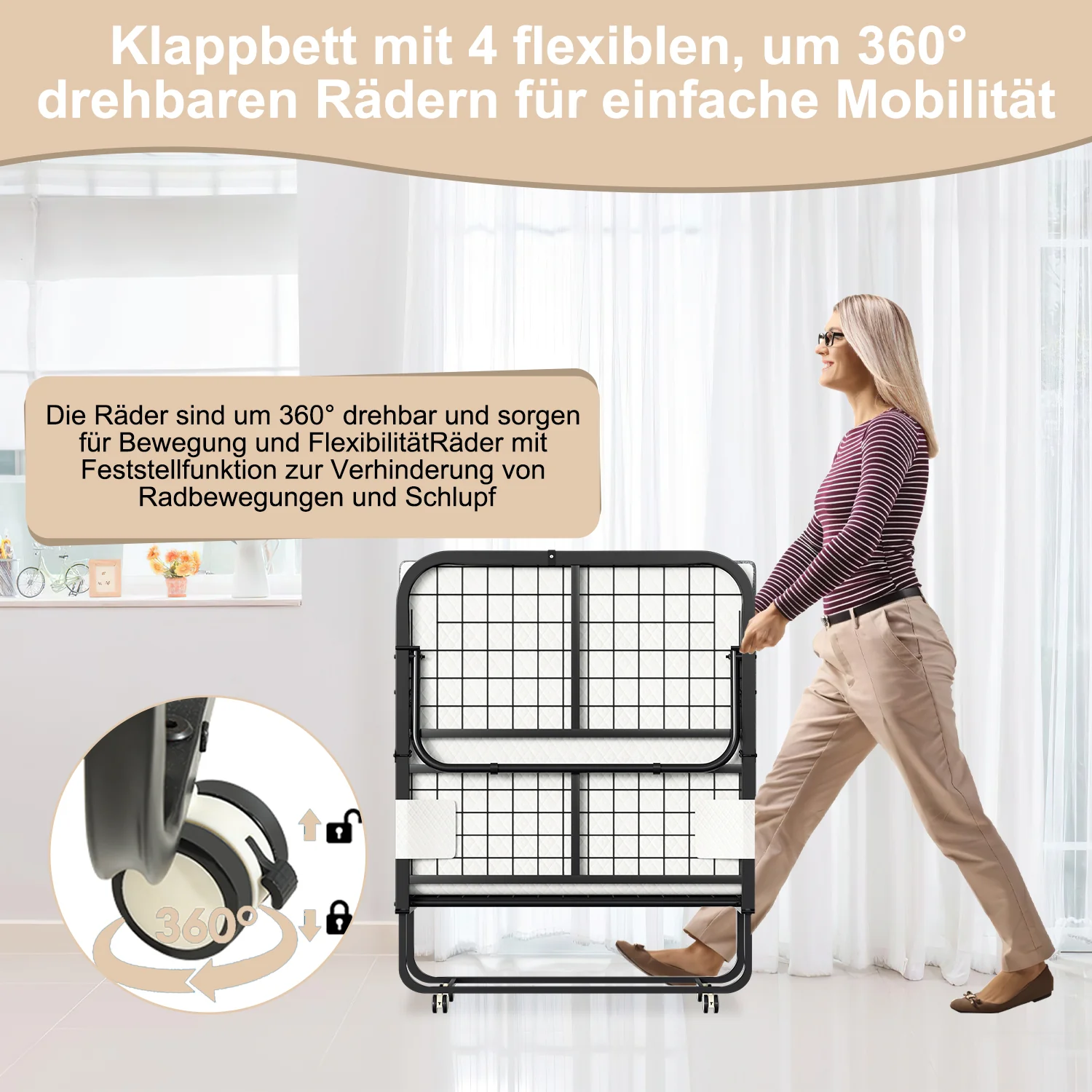 Sonnewelt Klappbett 90x200cm mit 13cm Dicke und Rollen