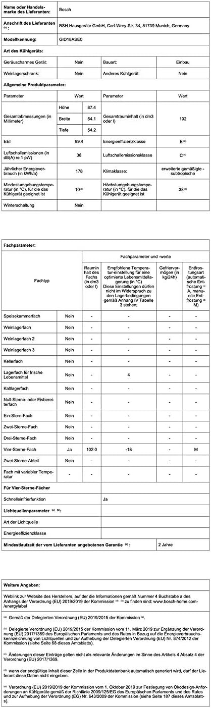 Bosch GIV11ADC0 Serie 6 Einbau-Gefrierschrank, 95 kWh, Jahr, 70 l, LowFrost, FreshSense, 72 x 56