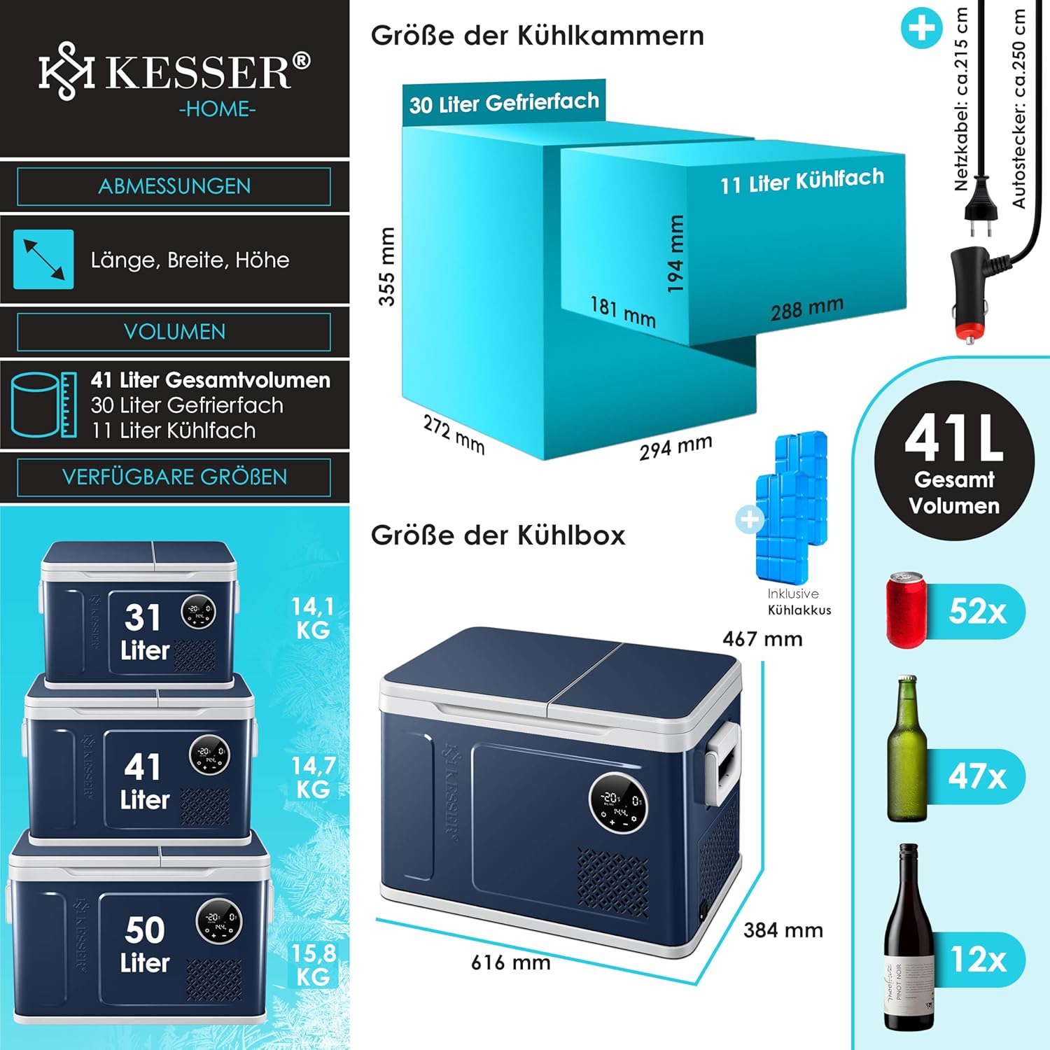 KESSER Kompressor Kühlbox 2in1 Doppelzone Kühl & Gefrierfach elektrische Gefrierbox mit 2x Kühlakkus & LED-Touch-Bedienung | Kühlschrank Kühlung bis -20 °C für Camping, Auto, Lkw 12/24V 230V